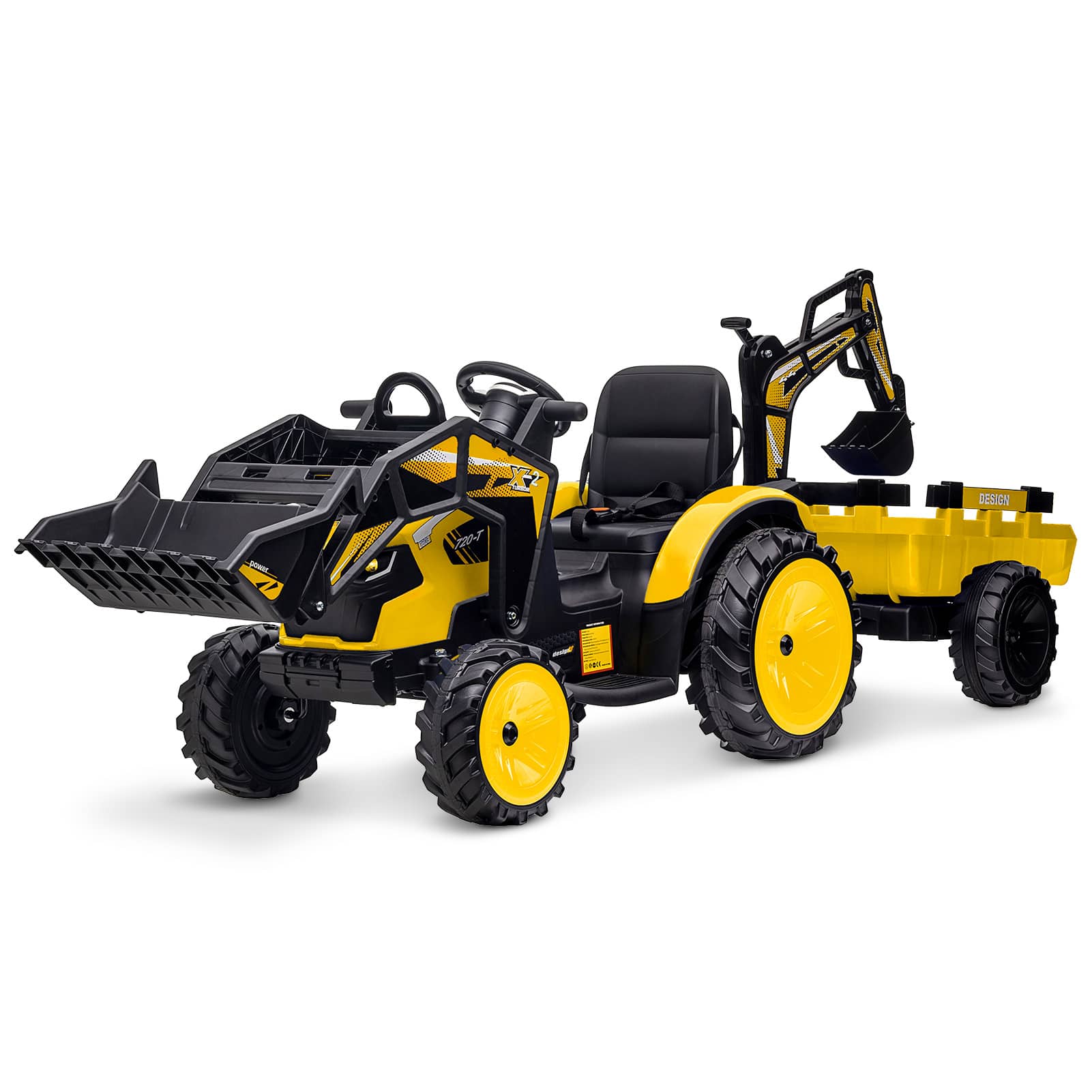 Qeetex AAAVAM1ECI1BG8 24V Kids 3 In 1 Ride On Construction Vehicle Excavator Bulldozer Tractor With Remote Control Led Lights Music Usb And Safety Features Yellow
