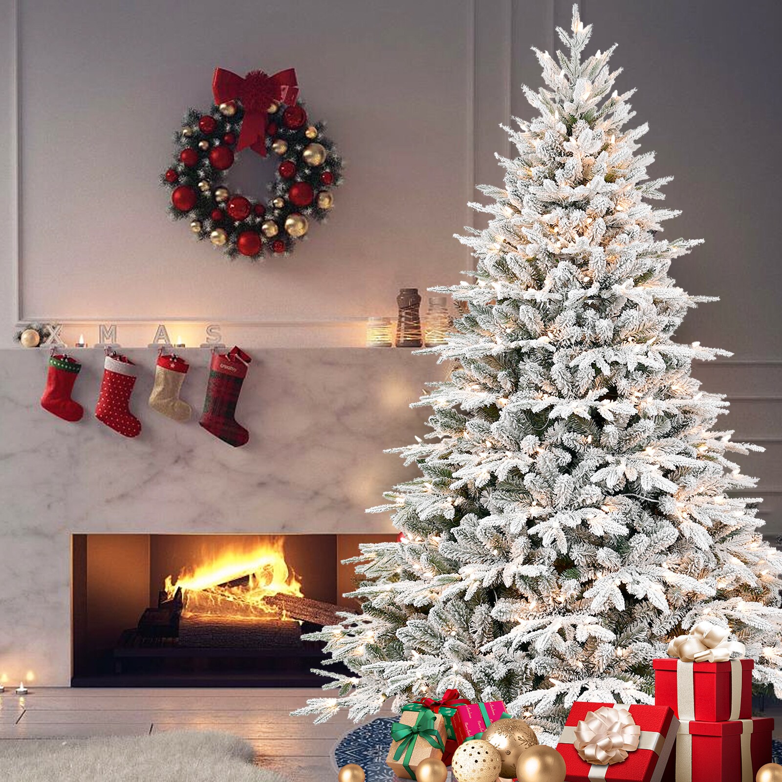 4ft Pre-Lit Snowy Flocked Artificial Christmas Tree with 150 Warm White Incandescent Lights 856 Tips for Holiday Decor