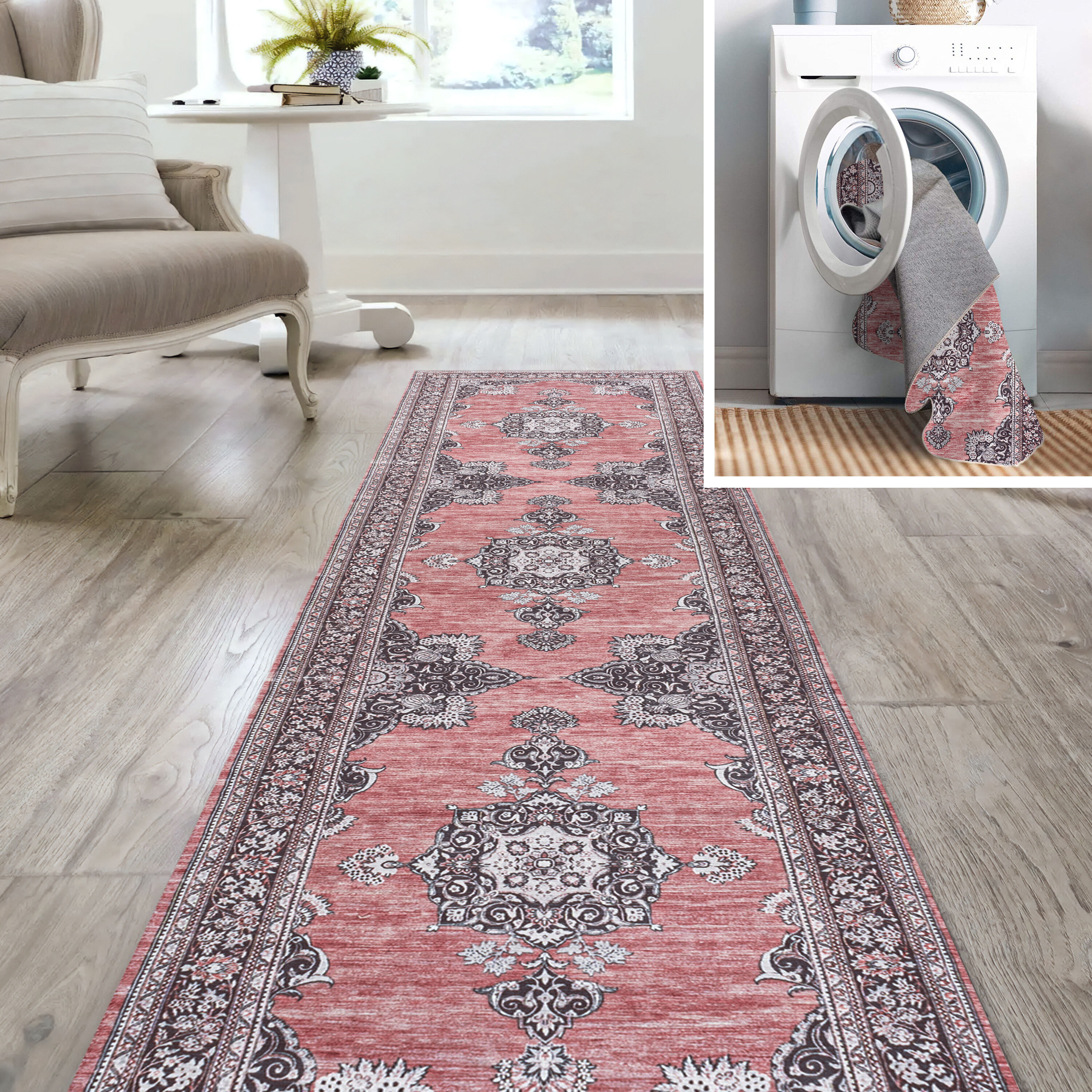 JONATHAN  Y WSH201B-28 WASHABLE Bausch Boehmian Distressed Chenille 2 x 8 (ft) Loomed Chenille Dark Pink/Black/White Rectangular Indoor Medallion Bohemian/Eclectic Machine washable Runner rug