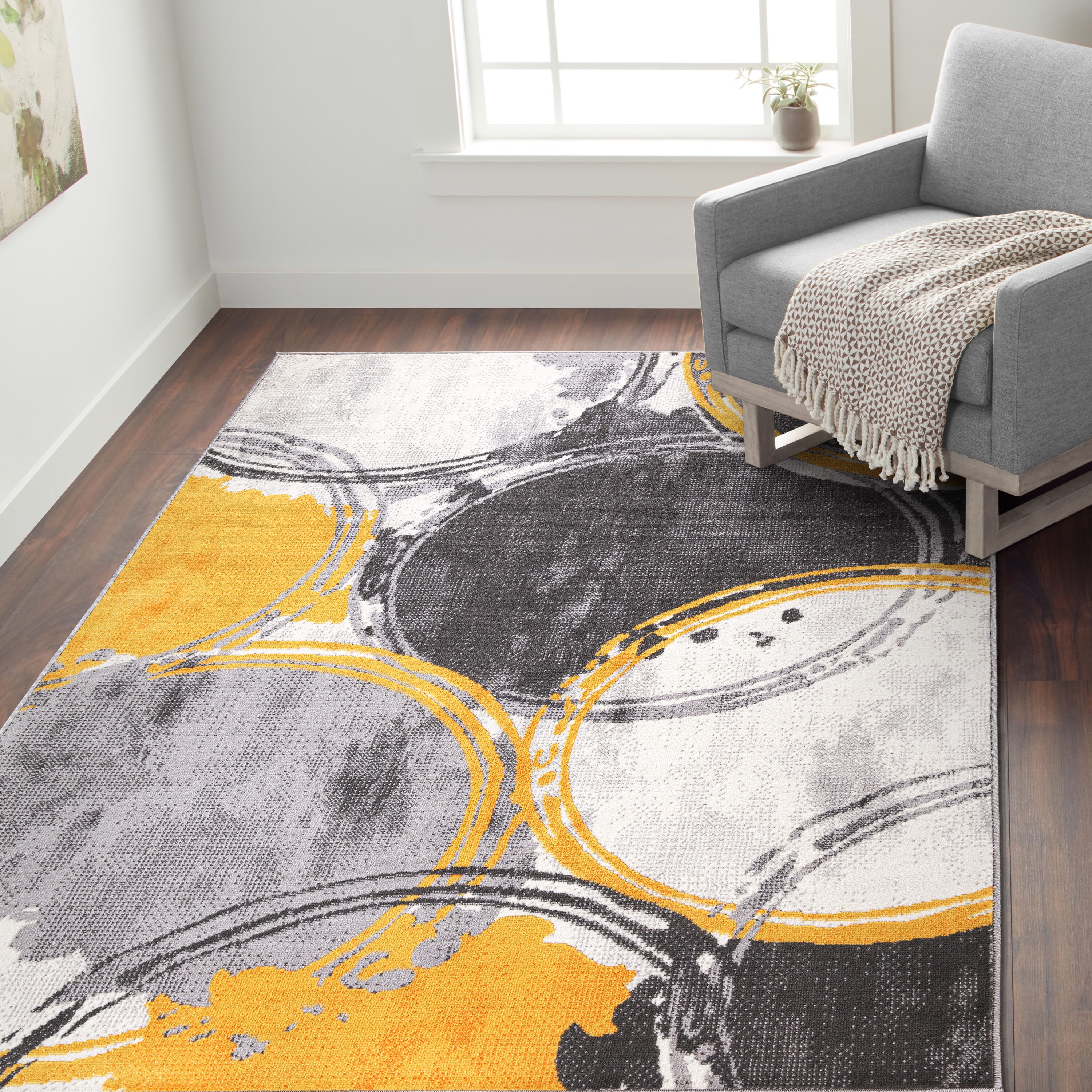 Yellow and Gray Geometric Circles 5' x 7' Synthetic Area Rug
