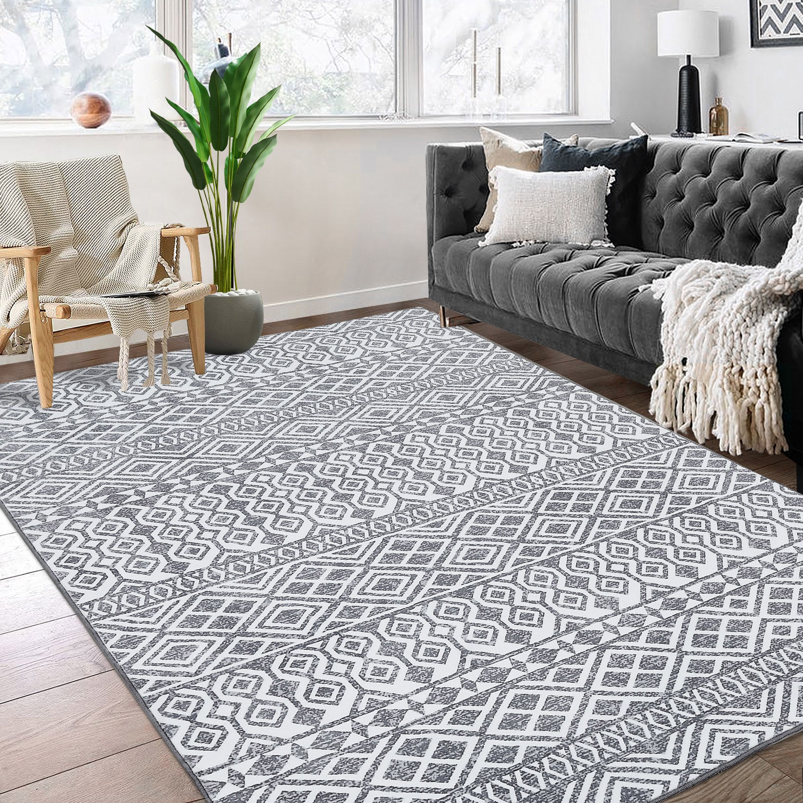 Garvee YXY-LO-PHO-0ZBI5A20 8 x 10 (ft) Loomed Polyester Gray Rectangular Indoor Geometric Moroccan Machine washable Area rug