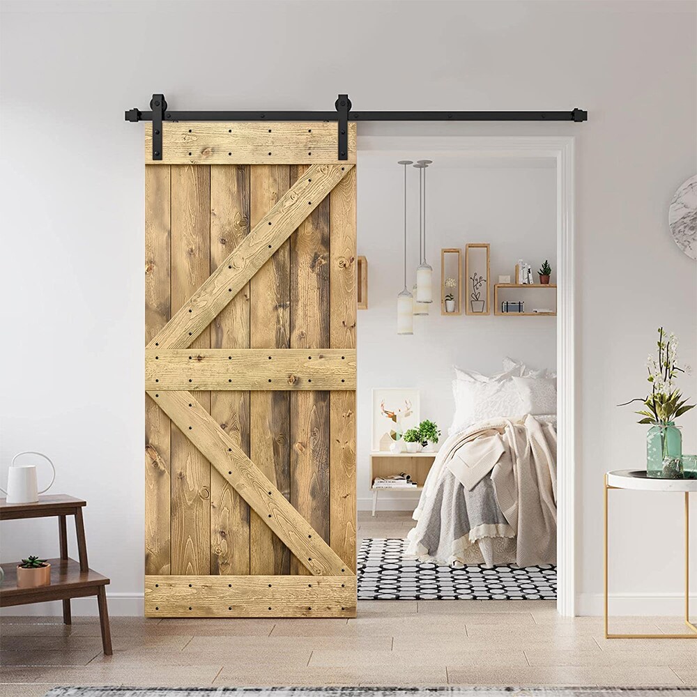 CALHOME 36-in x 84-in Weather Oak Pine Wood Single Barn Door (Hardware ...