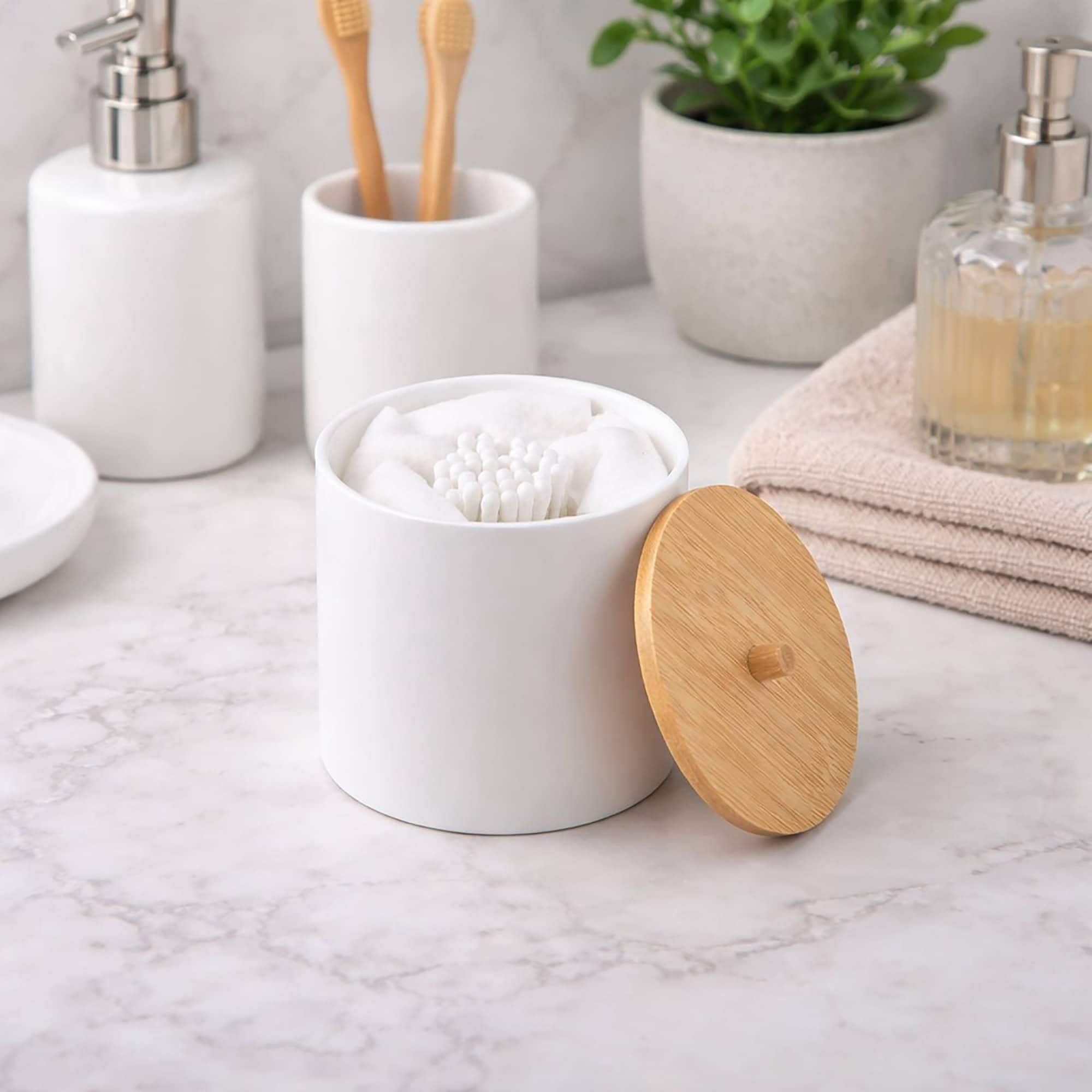 EVIDECO FRENCH HOME GOODS White Cotton Pad and Q-Tip Holder Padang with Bamboo Top - Organize in Style Bathroom Vanity Organizer