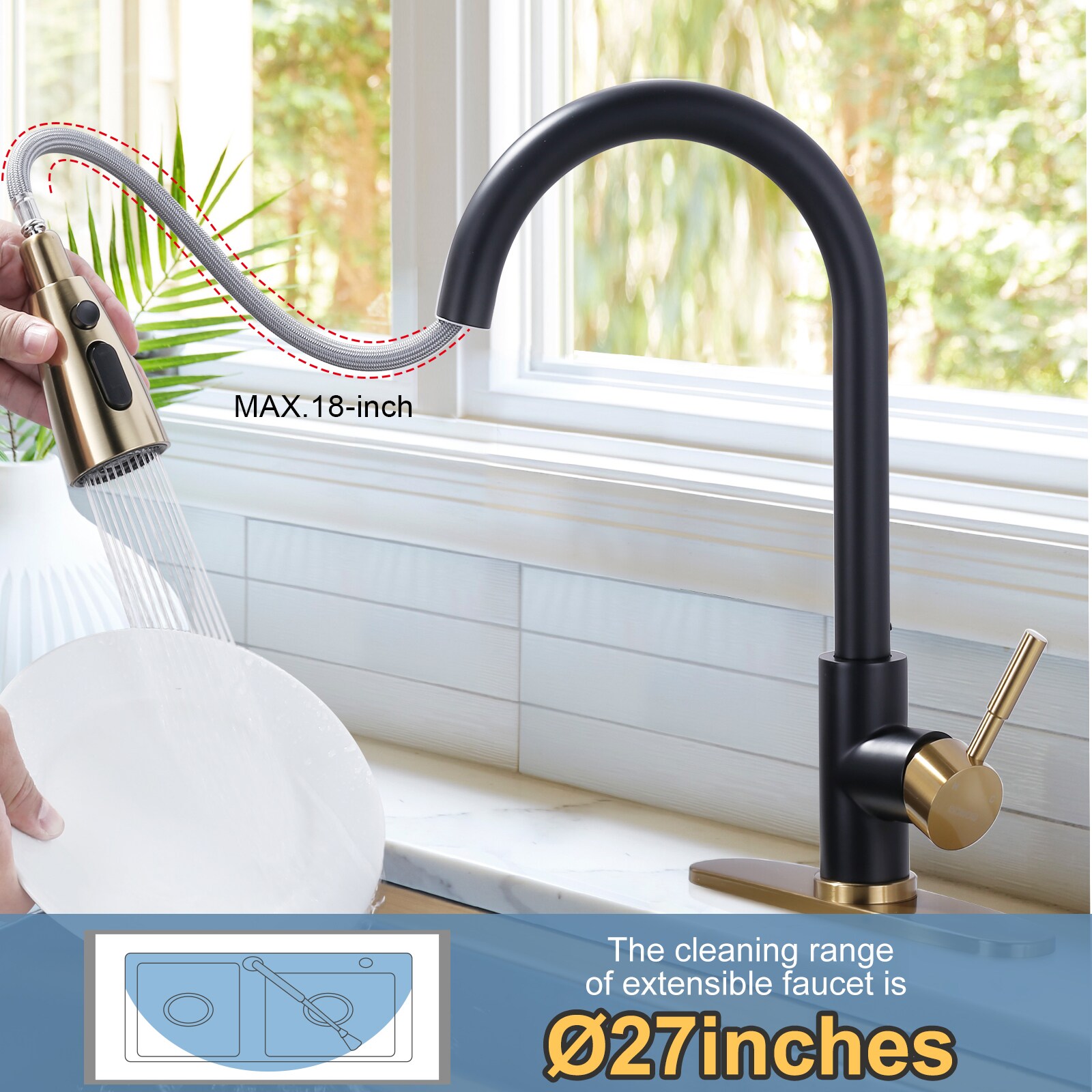 WOWOW pull down kitchen faucet Black and Gold Single Handle Pull-down ...