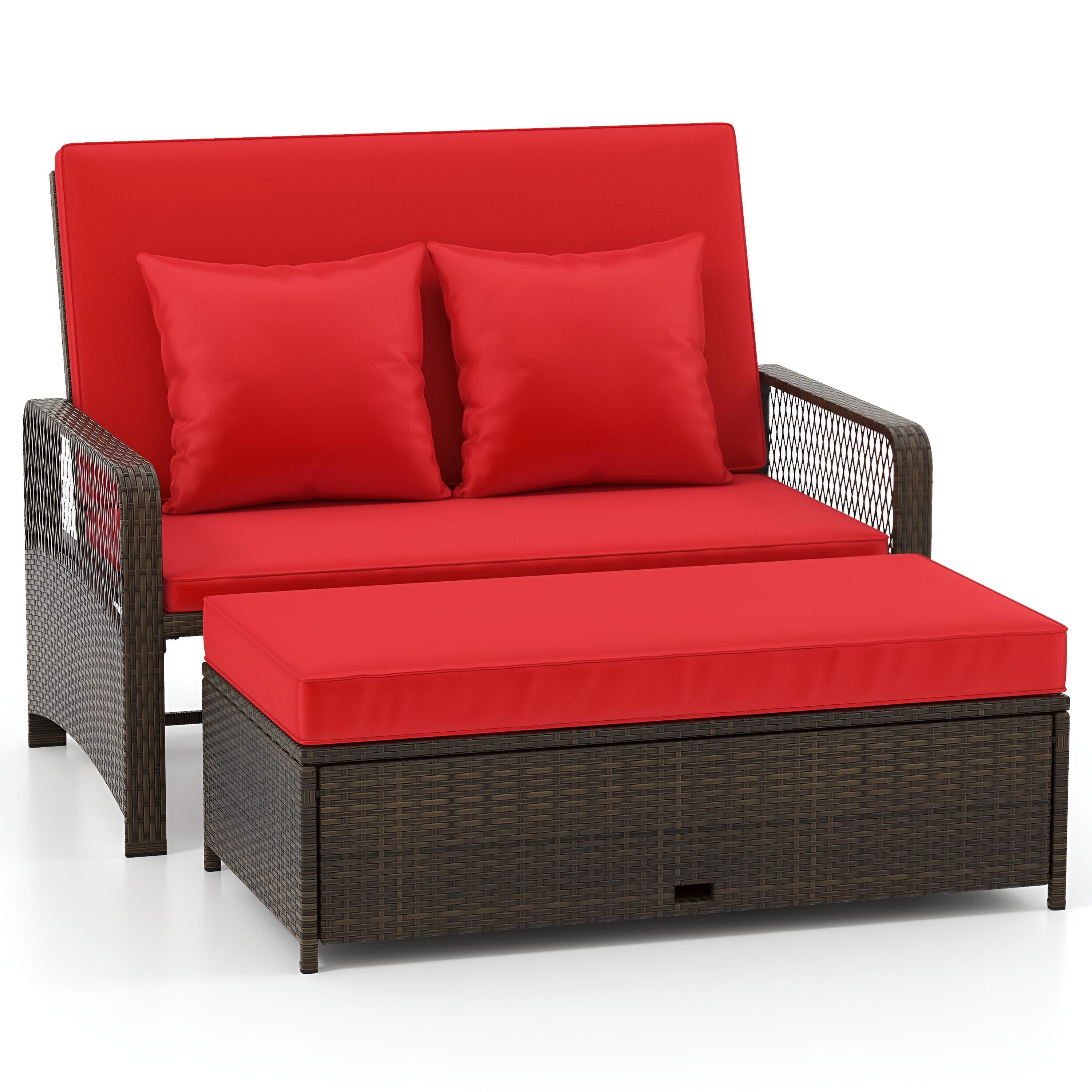 Slickblue D-CO-ER32827WH Wicker Outdoor Adjustable Loveseat Set with Red Cushions Included and Metal Frame for Backyard