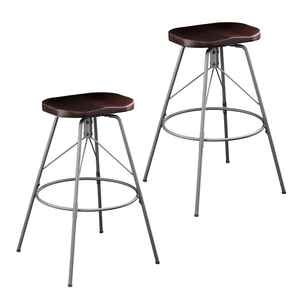 Boston Loft Furnishings ATG5592BC Gadia 2 -Set Matte silver and dark distressed pine 30.0-in H Bar height Saddle seat Swivel Metal Bar Stool