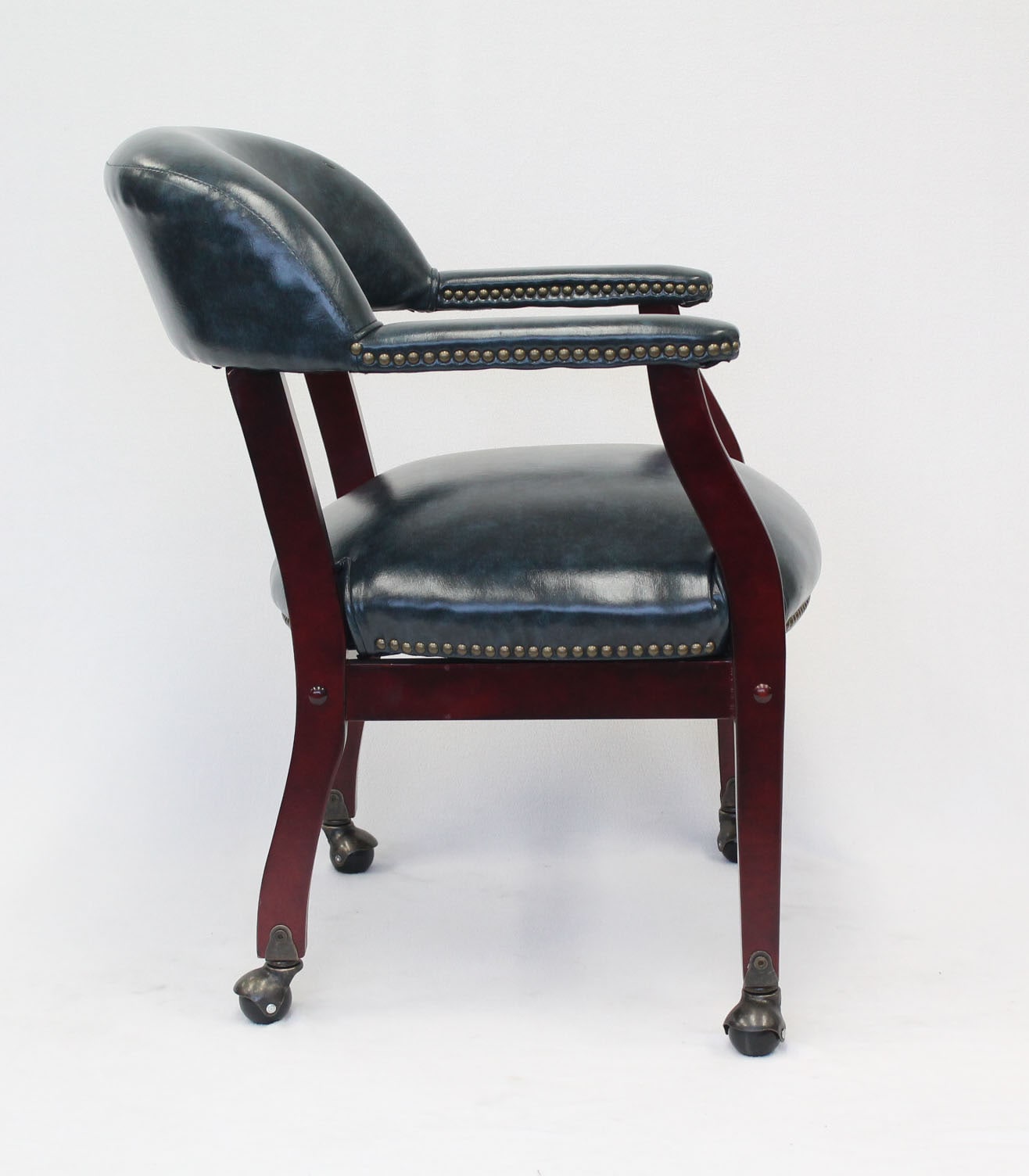 Mahogany Wood Base Blue Vinyl Swivel Reception Chair with Casters