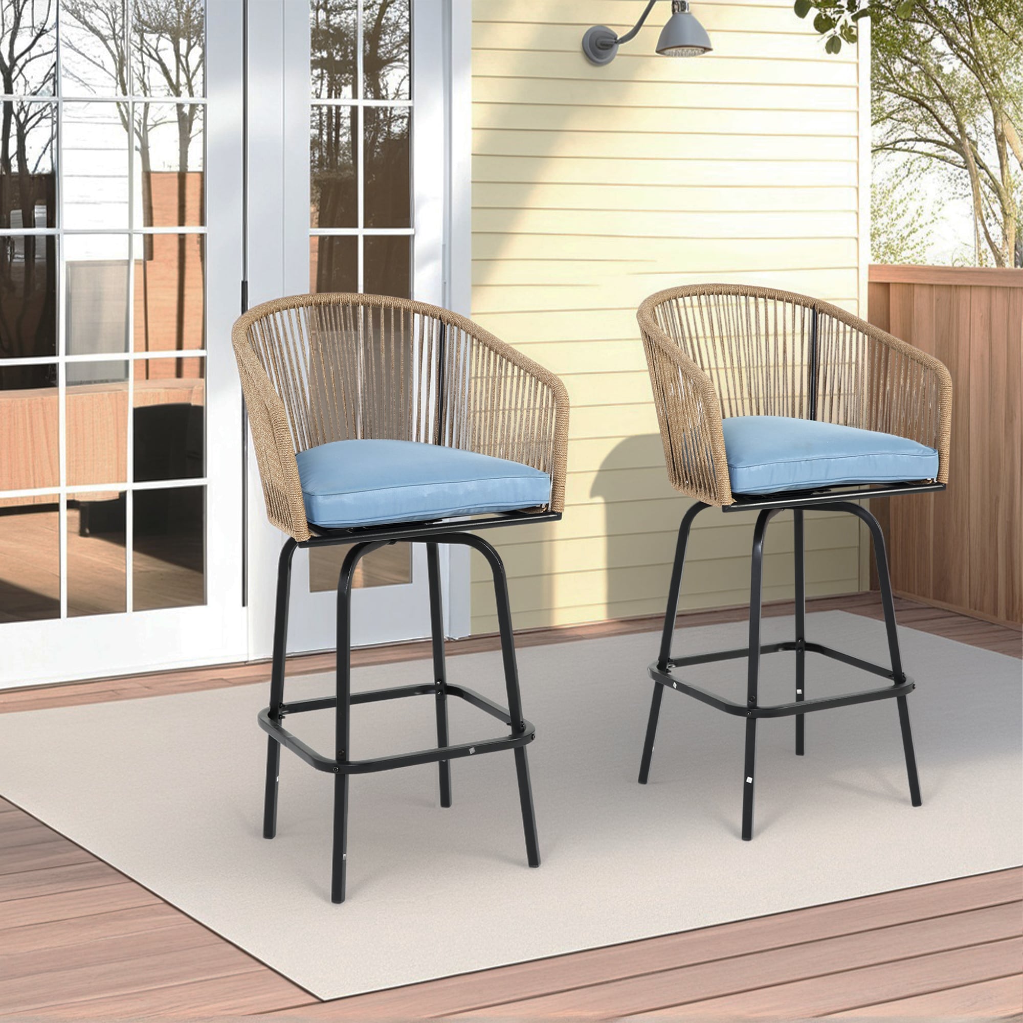 LOVMOR SF-R-P256795 2-Piece Wicker Patio Bar Chairs with Backrest for Backyard Garden Pool Balcony and Deck Blue