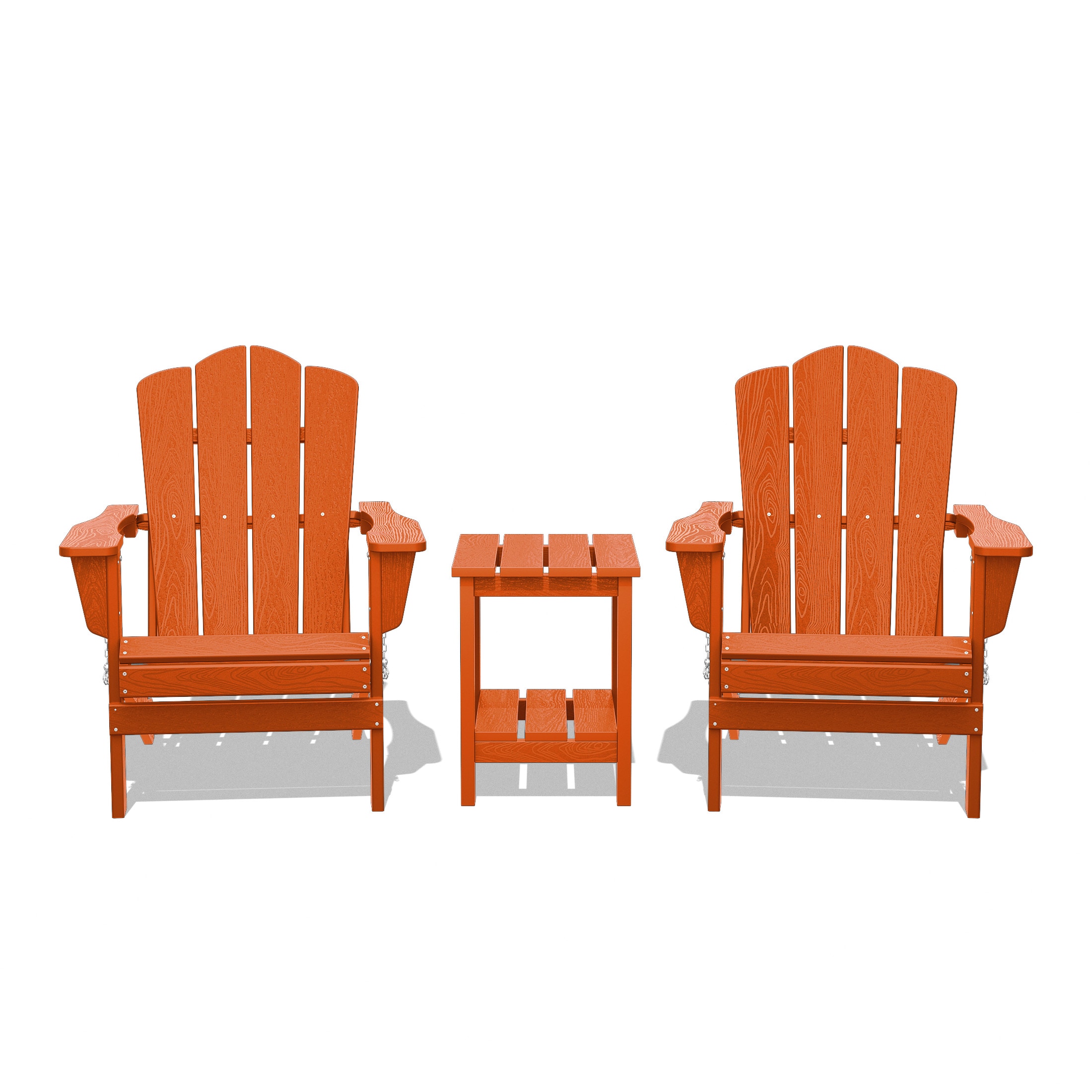 JEAREY YDZDY3JT-OR Patio Folding Adirondack Chair Set of 2 with a Side Table Set of 2 Stackable Orange HDPE Frame Stationary Adirondack Chair with Slat Seat