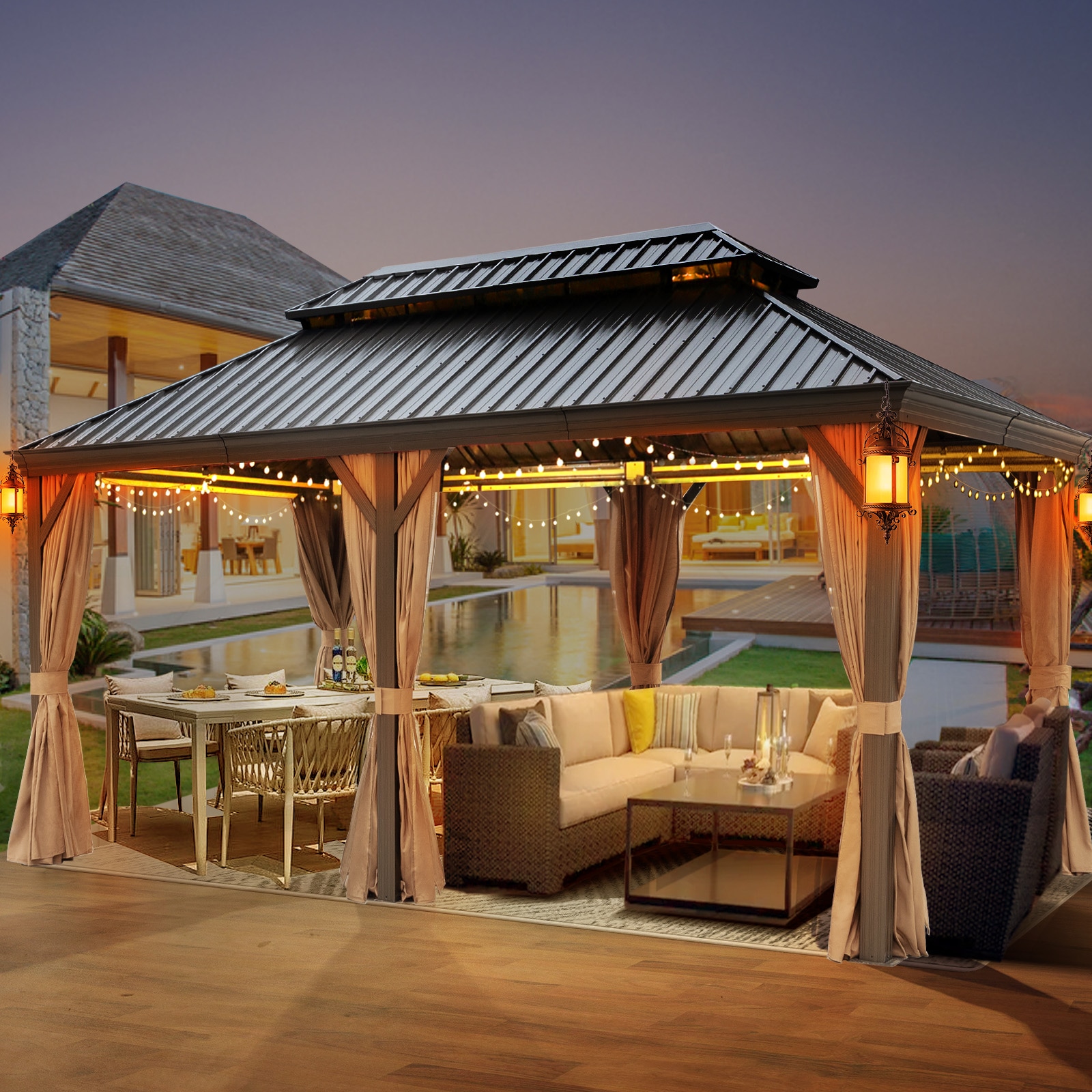 NOBLEMOOD LS-2006BN 12-ft x 20-ft Brown Rectangle Grill Gazebo with Hardtop Roof (Screen Included)