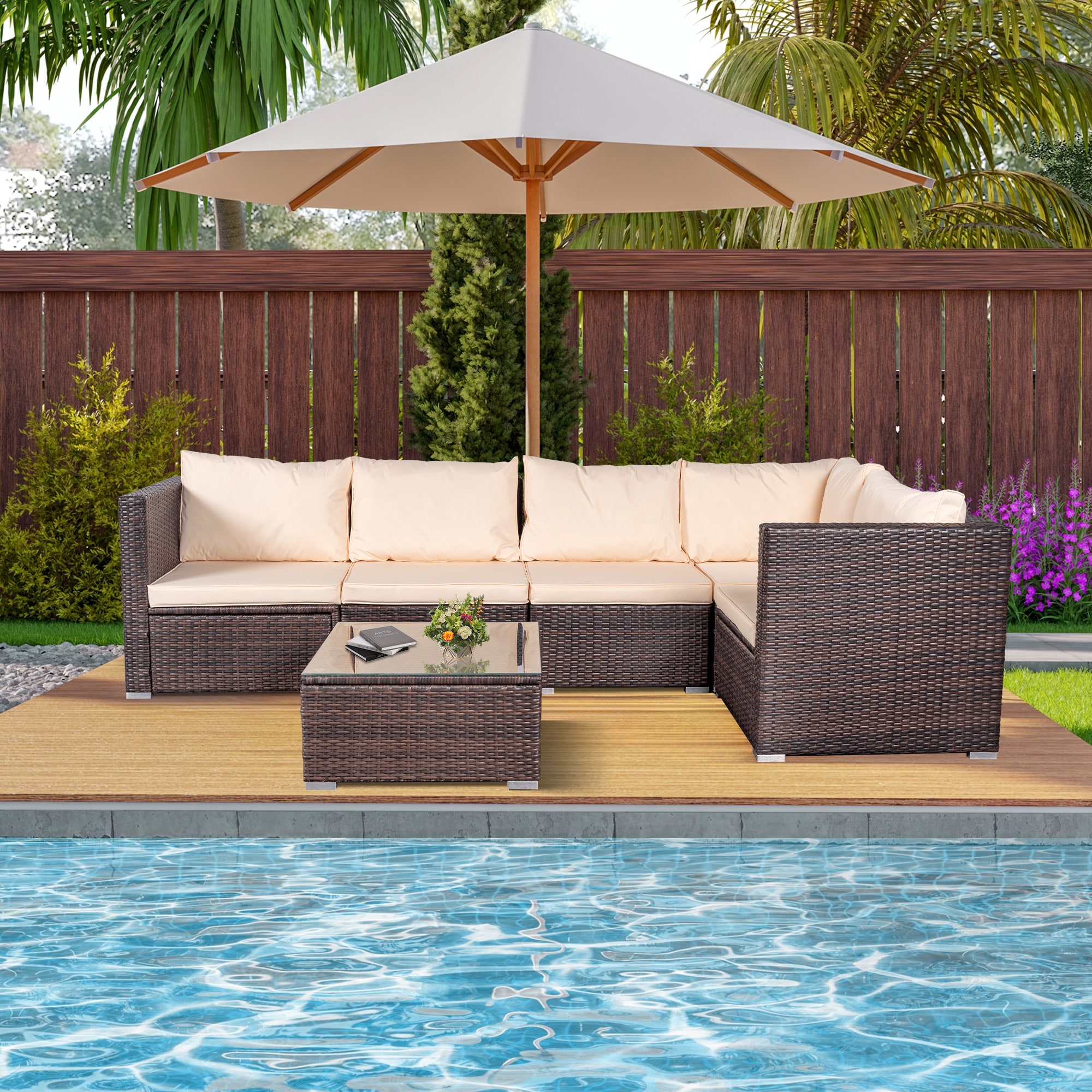Grearden HZNF032 6 -Piece Rattan 2 Patio Sofa Conversation Set with Off-white Cushions