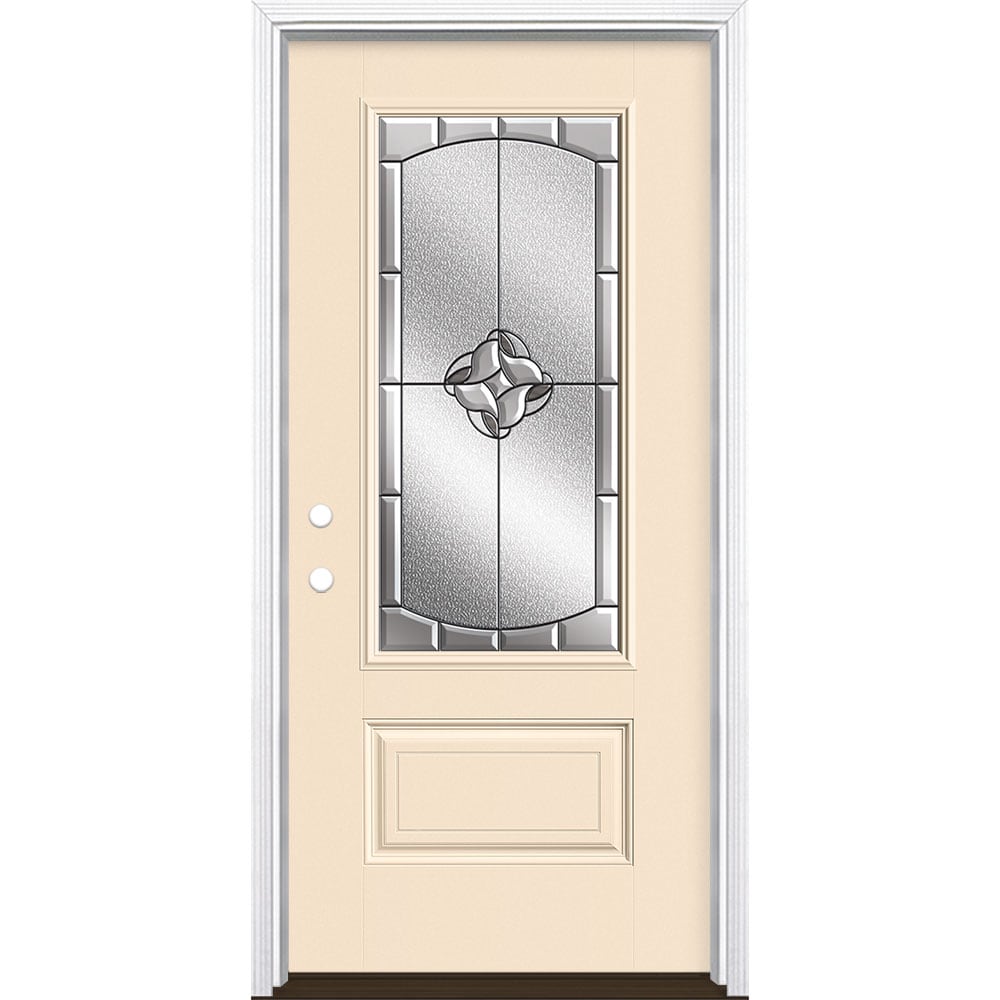 Masonite 3423018 Rozet 36-in x 80-in x 4-9/16-in Fiberglass 3/4 lite Right-hand inswing Bisque Painted Prehung Single door Front Door with Brickmould Insulating core Decorative glass
