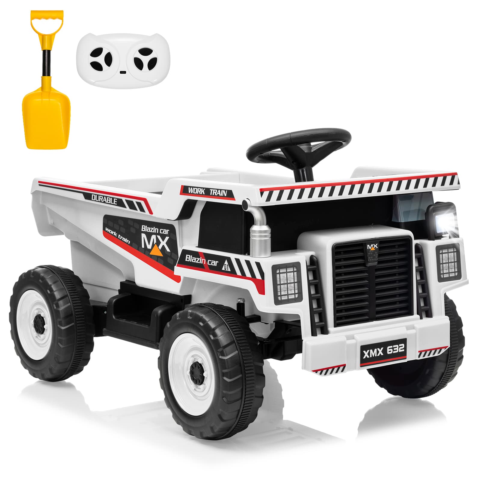 Qeetex SUN-PTG-3353RXRL 12V Ride On Dump Truck with Remote Control Automatic Lift Bed Shovel Music Player for Kids Ages 3–8