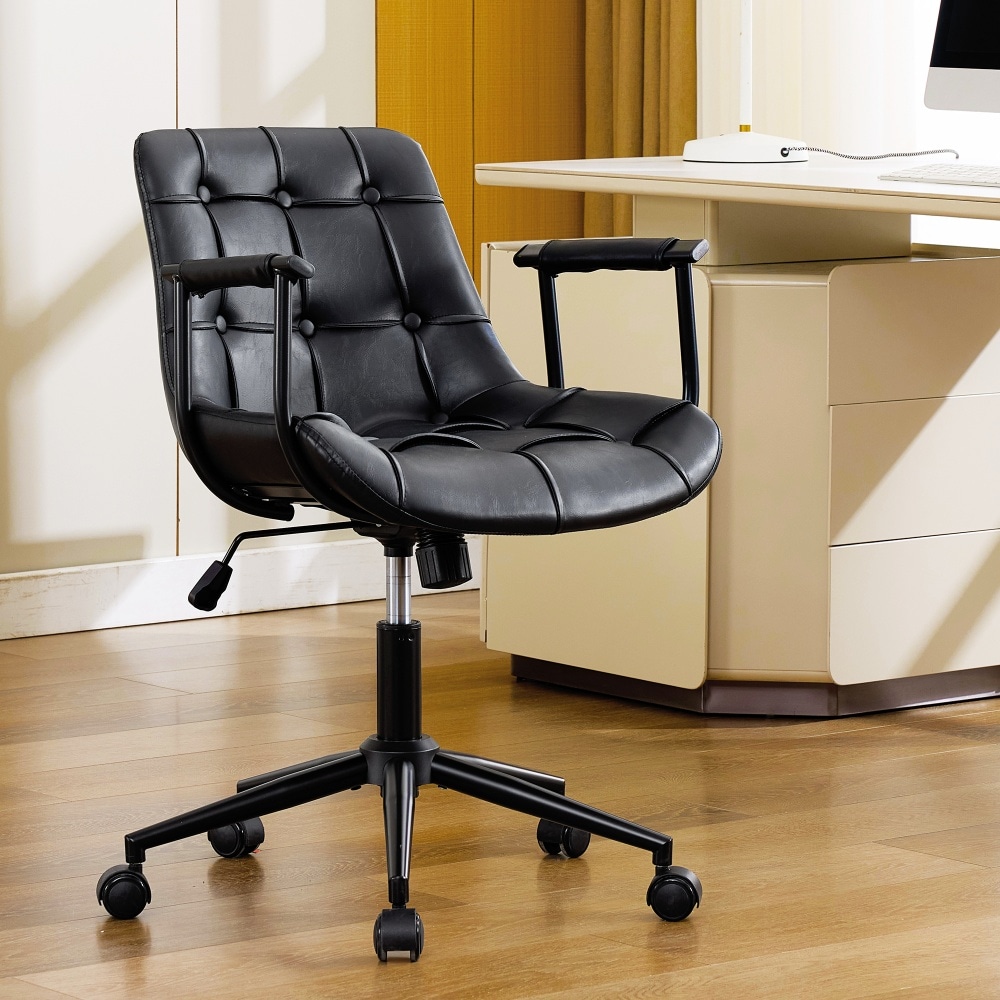 DYHOME Black Ergonomic Home Office Chair Comfy Mid Back Swivel Rolling Executive Computer Armchair Mid-Century Modern Faux Leather Chairs with Thickened Cushions