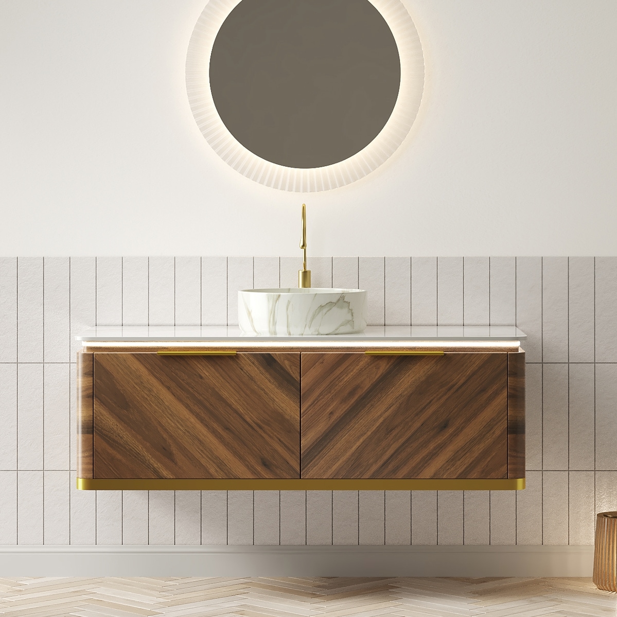 Huluwat DIPA 48 Inch Bathroom Vanity and Sink Floating Plywood Storage Cabinet Drawers with Handle and Sensor Light Stone Pattern Ceramic Vessel Basin and Sintered Stone Top Pre assembled Dark Walnut Woodgrain Color