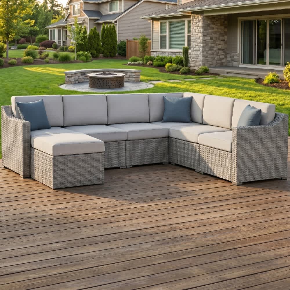 JUJABU Gray Cushions and Gray Rattan Armless Sofa and Right Armchair Set Outdoor Patio Set with 2 Seat and 2 Back Cushions