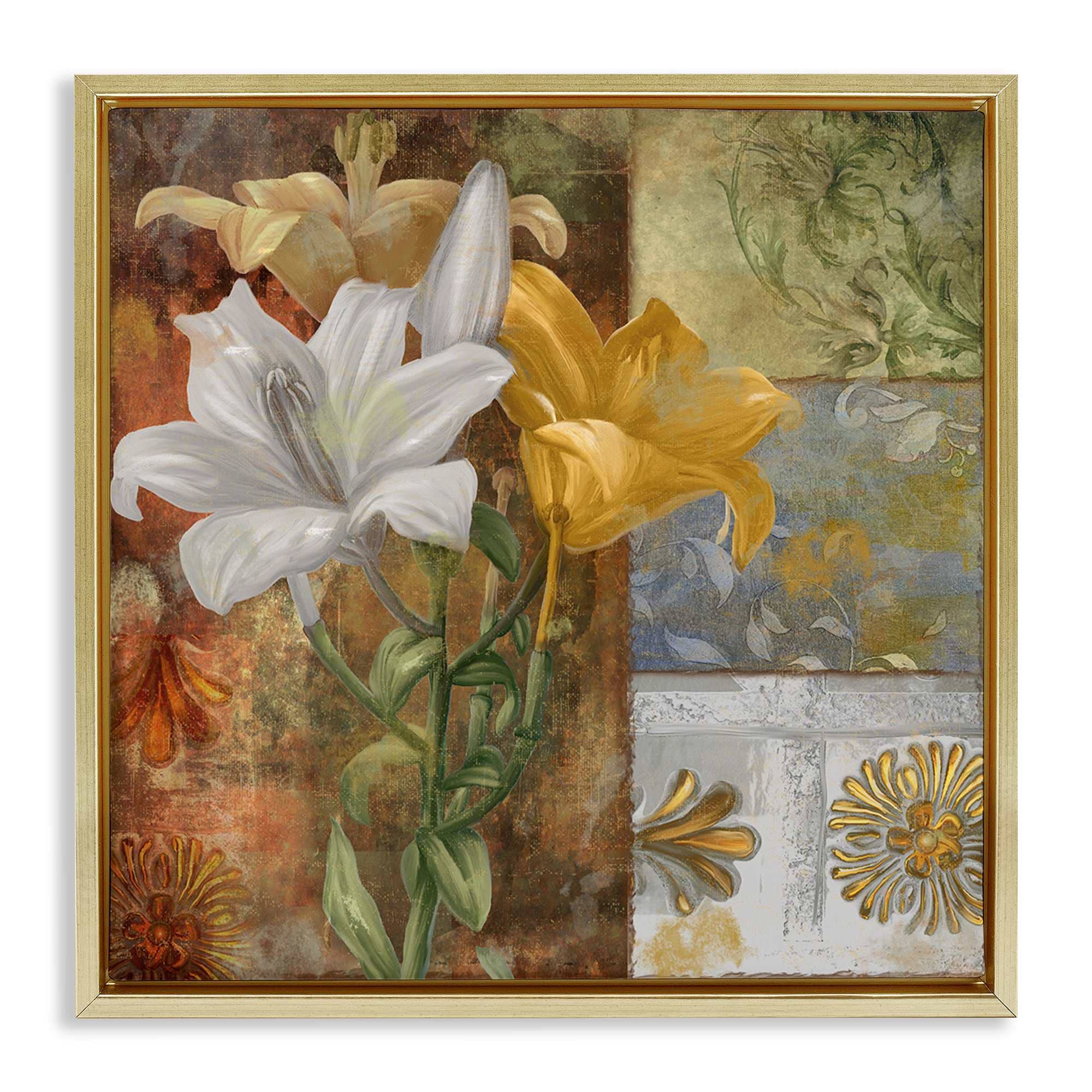 Stupell Industries BT-002-FFG-17X17 Blooming Lilies on Tile Pattern Gold Framed Floater Canvas Wall Art By Sasha 18 x 18