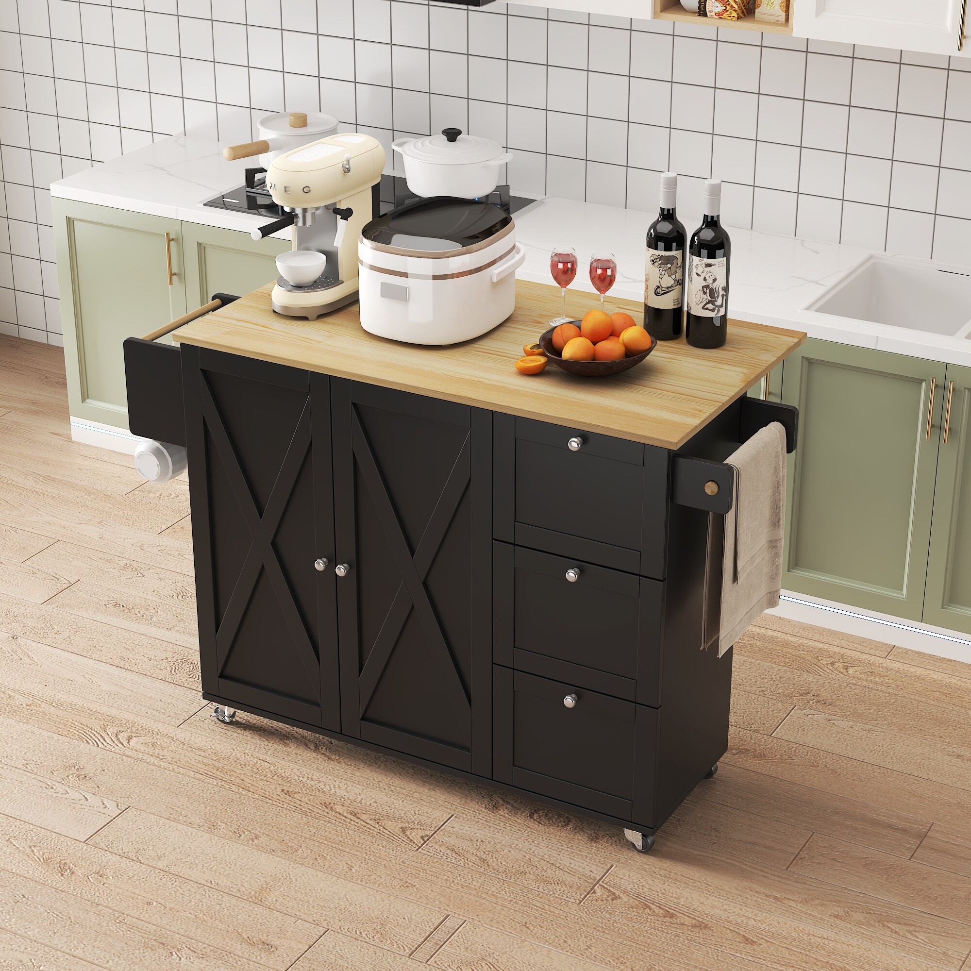 BABOOM White Mdf Base with Wood Top Rolling Kitchen Island (29.5-in x 52.7-in x 36.81-in)
