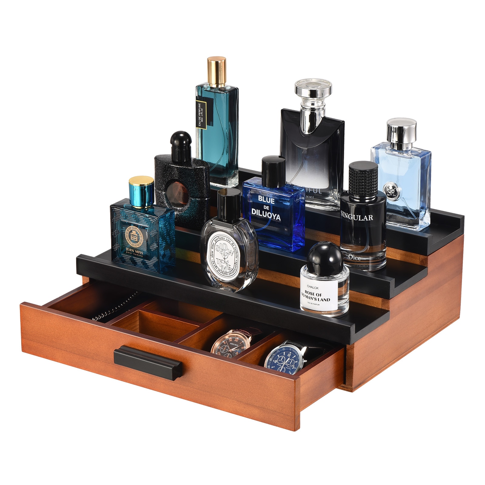 Unique Bargains Perfume Organizer for Men 3 Tier Wood Perfume Display Stand with Velvet Lining Drawer and Hidden Compartment for Watch Jewelry Perfume Display Risers A Gift for Men (Black+Walnut)