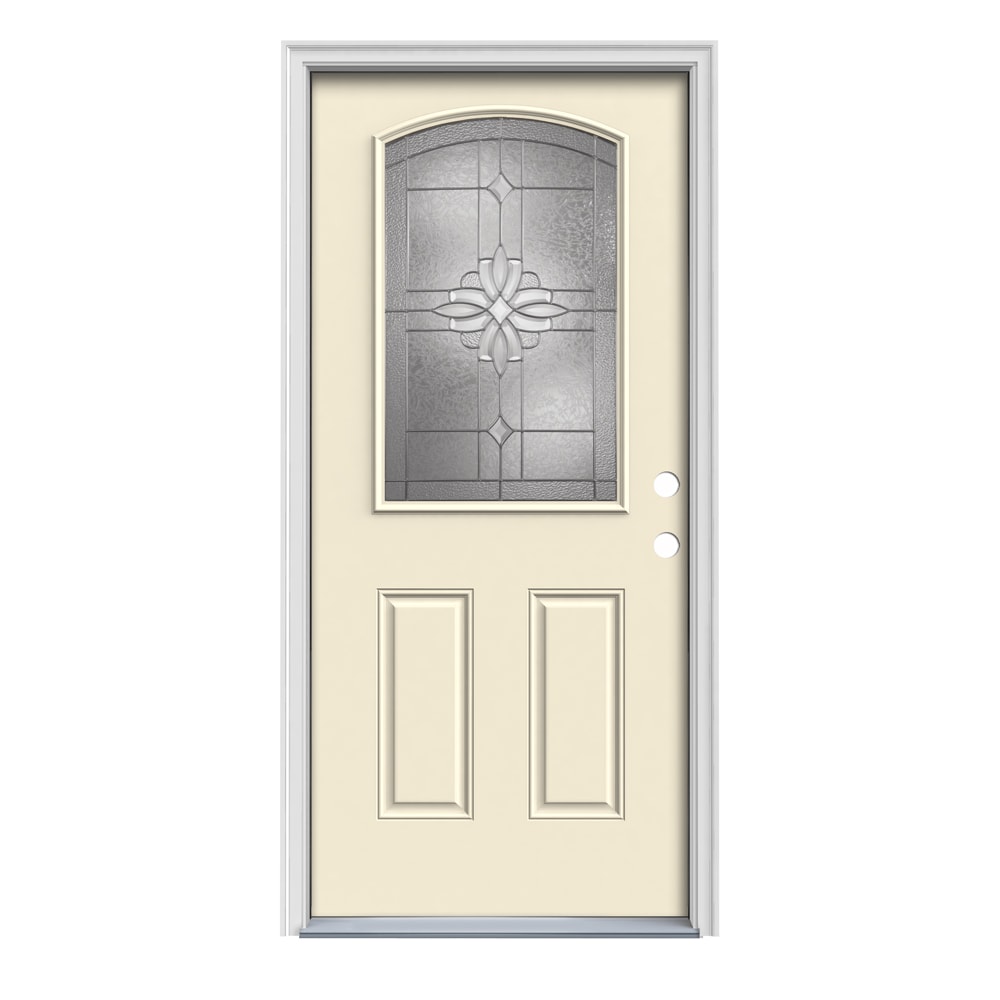 JELD-WEN LOWOLJW189900040 Laurel 36-in x 80-in x 4-9/16-in Steel 1/4 Lite Left-Hand Inswing Bisque Painted Prehung Front Door with Brickmould Insulating Core