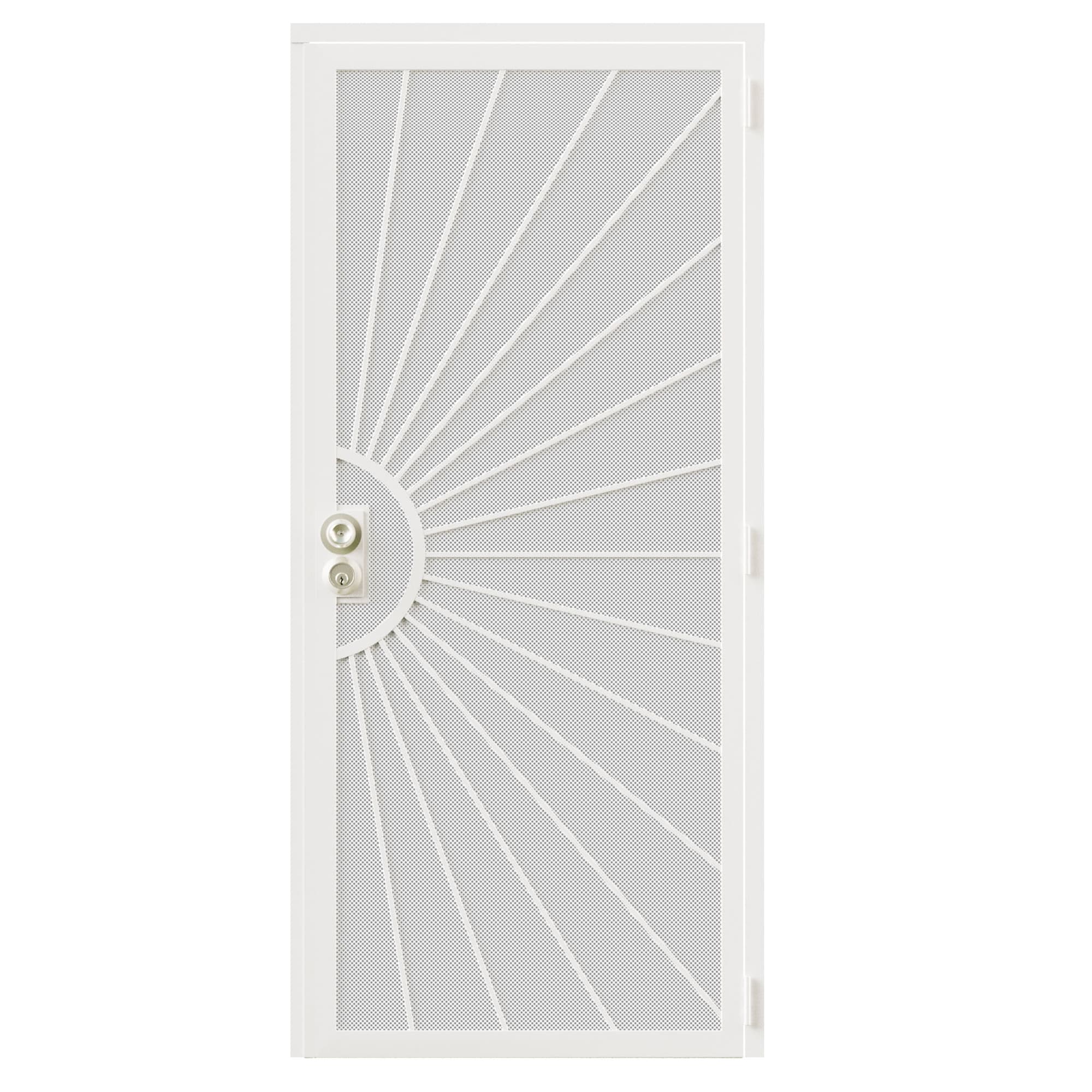 JUJUBON EX-SECDSD-WTTY-L-36 Security door 36-in x 80-in White Steel Recessed or surface mount Universal/Reversible Security Door with White Screen and Lockset included
