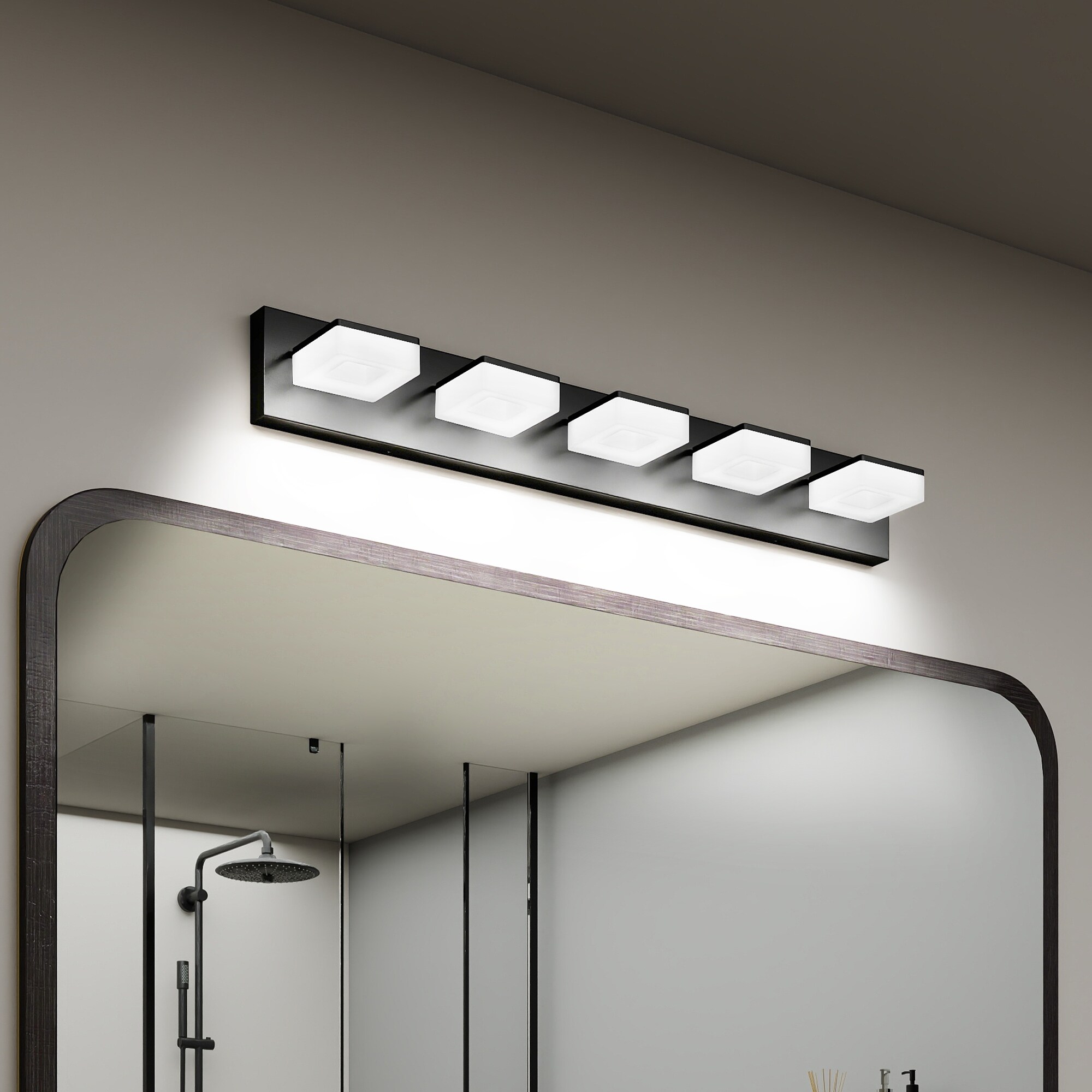 LOVMOR LED Modern Bathroom Vanity Light Fixtures 5-Light 32-Inch Matte Black Bathroom Wall Lighting Fixtures Over Mirror