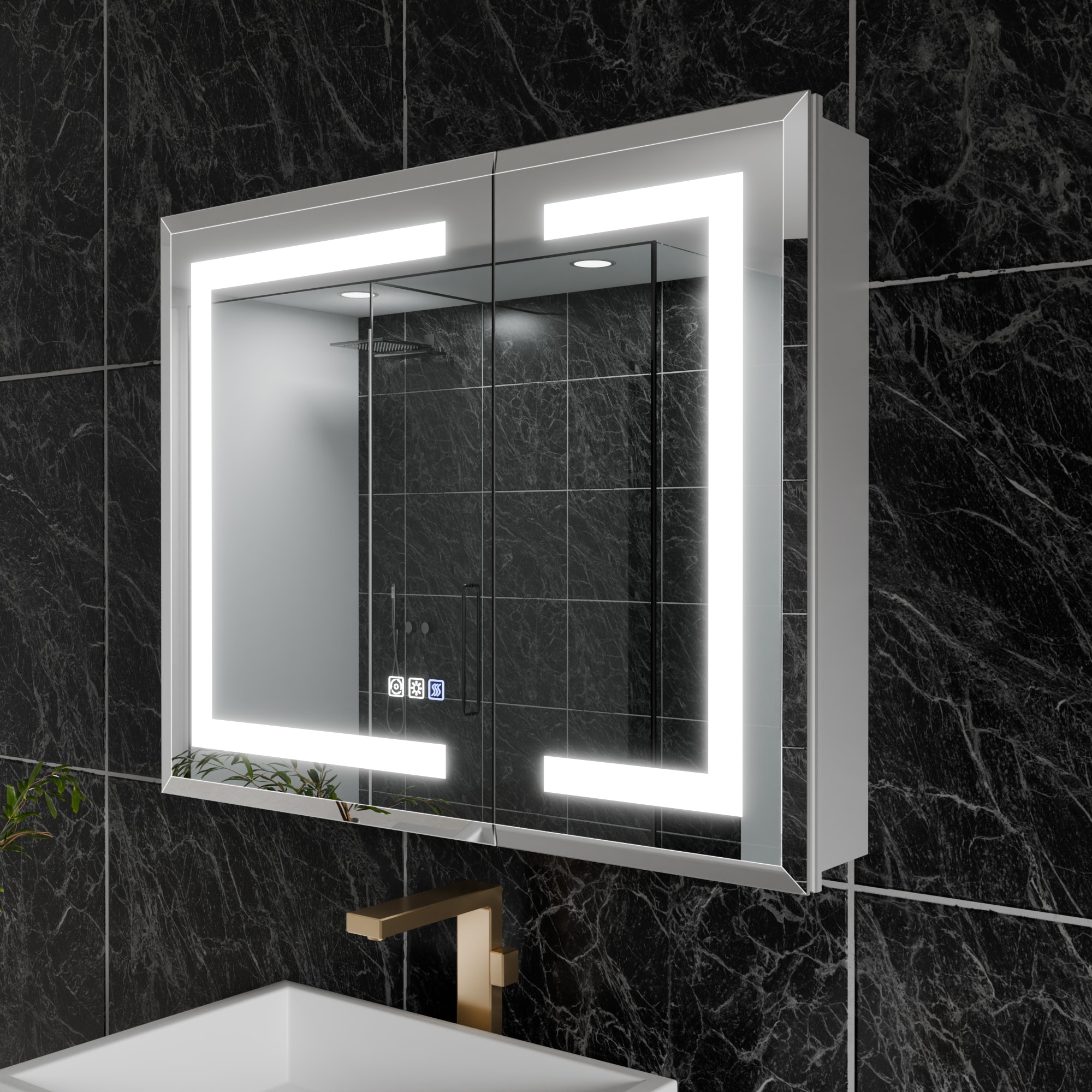 WELLFOR BG 20-in x 30-in Lighted LED Fog Free Surface Mount Black Mirrored Soft Close Medicine Cabinet