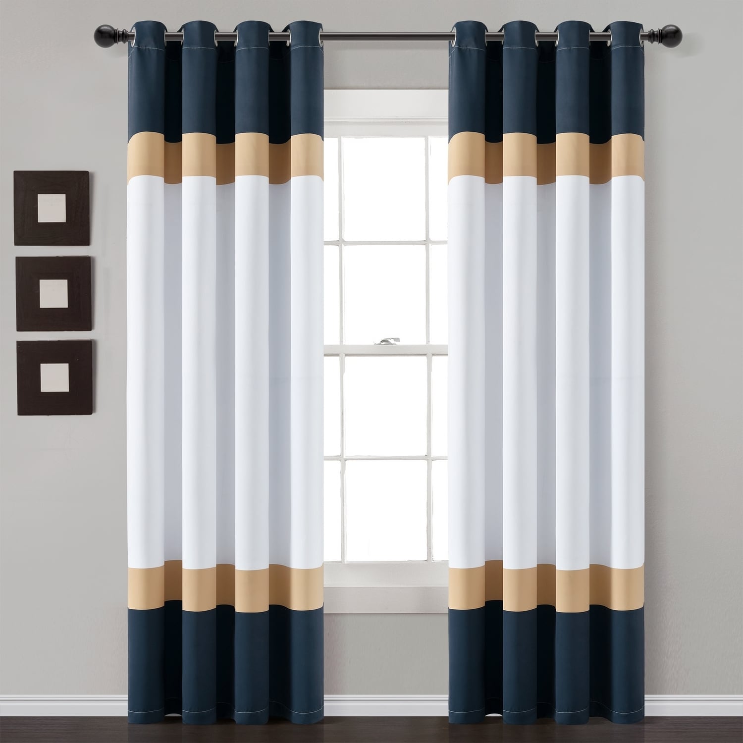 Alexander Navy and Gold Color Block Polyester Curtain Pair