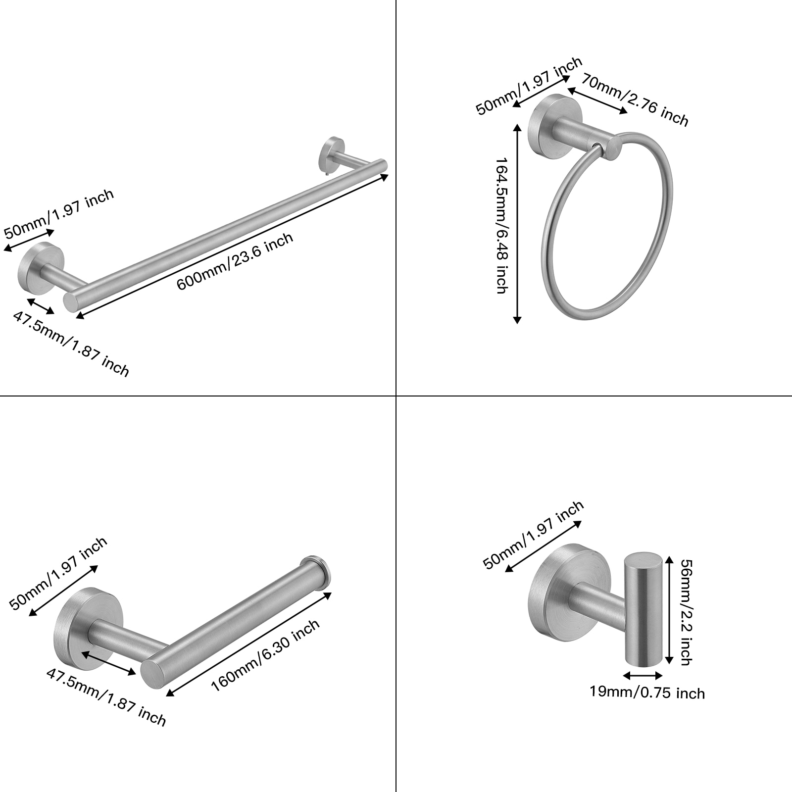 BWE 6-Piece Nickel Decorative Bathroom Hardware Set with Towel Bar ...