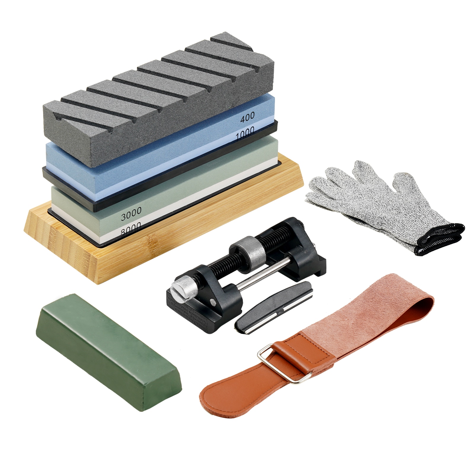 VEVOR MDSTJ28000003OVJSV0 Whetstone Knife Sharpening Kit, 2 Dual-sided Grit Whetstones 400/1000 3000/8000, 10pcs Knife Sharpener Kit with 3 Non-slip Bases, Flattening Stone, Angle Honing Guide For All Knives, Scissors