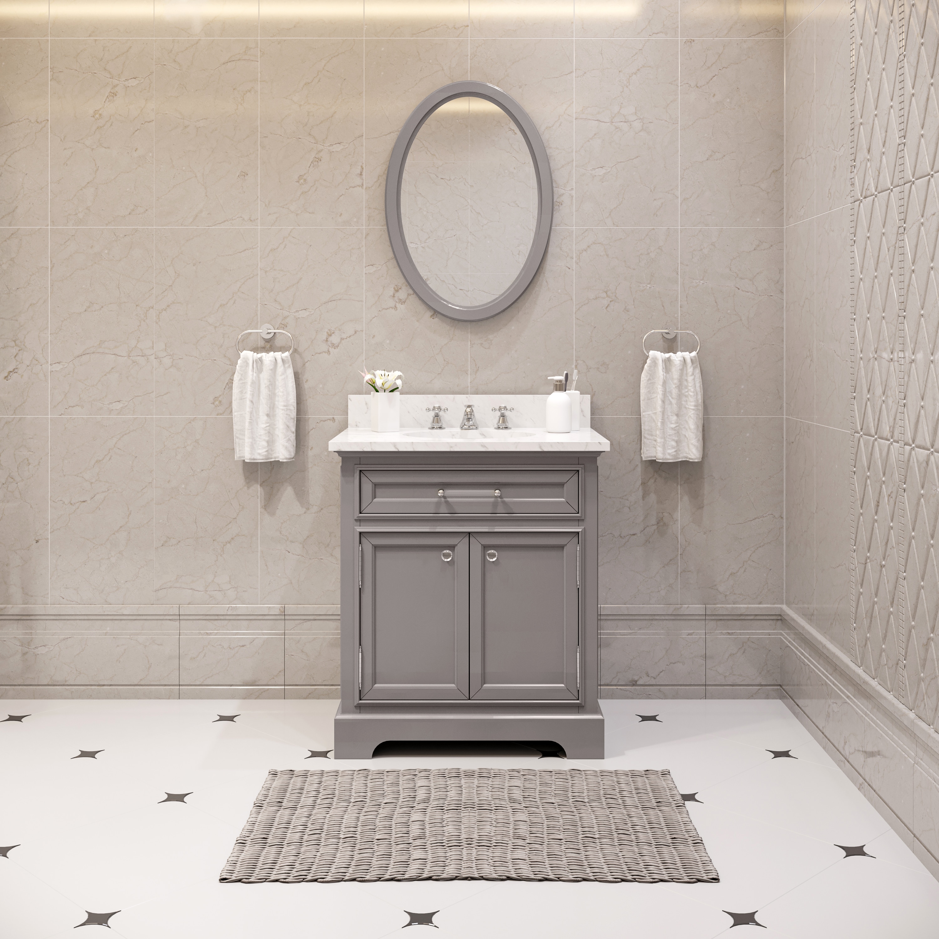 Water Creation DERBY30GB Derby 30-in Cashmere grey Undermount Single sink Bathroom Vanity with Carrara white Natural marble Top (Mirror Included)