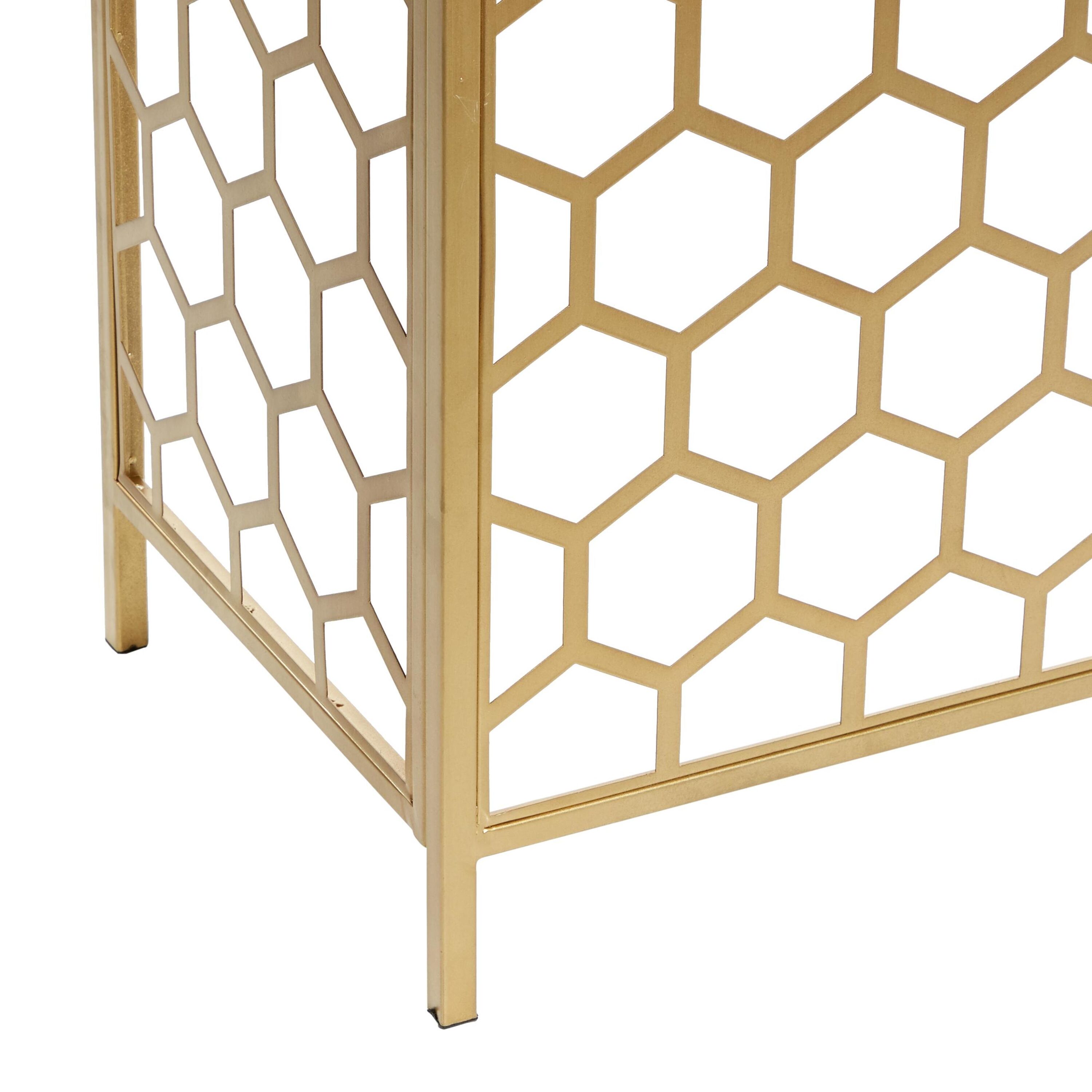 Elegant Gold Metal and Brown Wood Console Table with Honeycomb Pattern, 42"