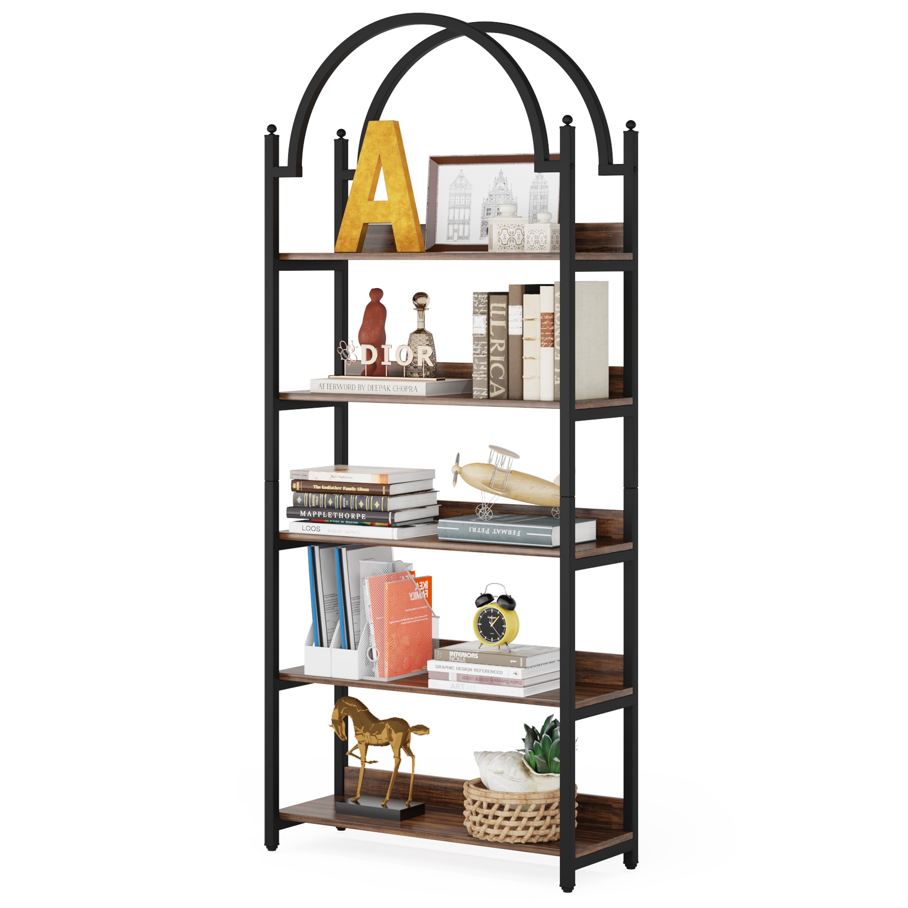 allen + roth Distressed Brown Metal 5-Shelf Bookcase (31.5-in W x 60-in H x  17.75-in D) in the Bookcases department at