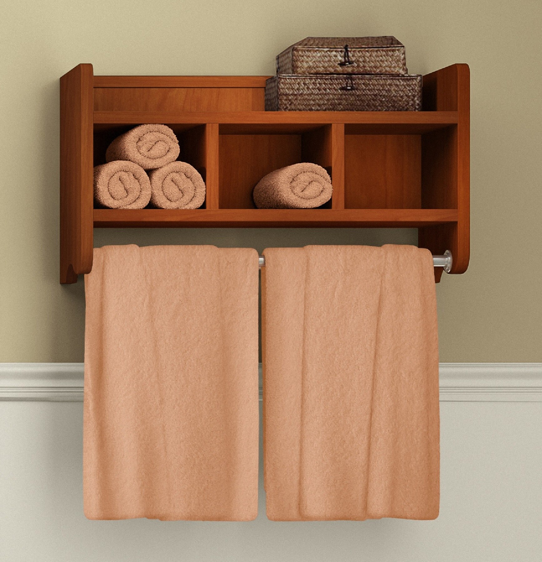 Solid Wood Wall Mounted Bathroom Shelves with Towel Bar