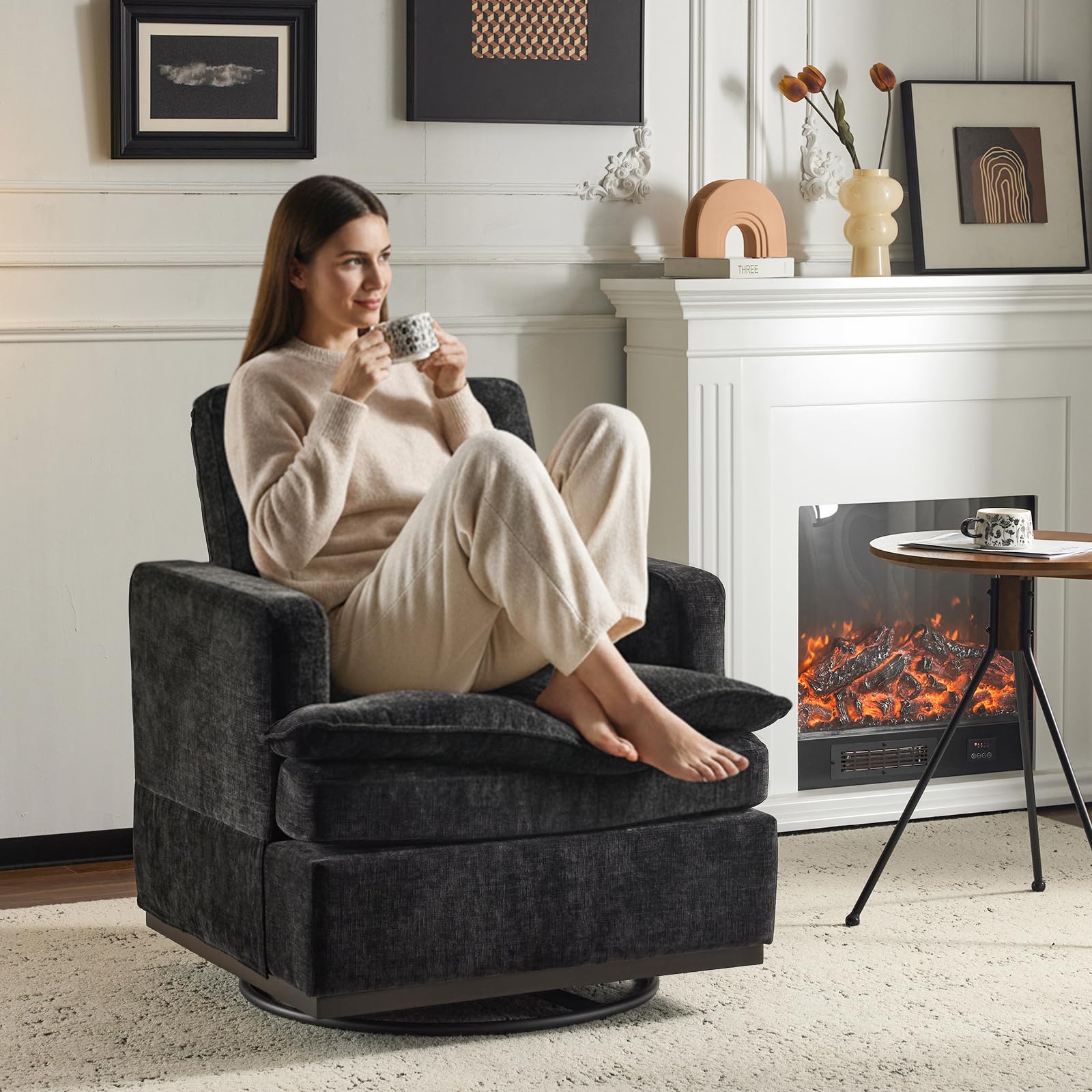 VINGLI - 32.7-in W Modern Black Chenille Swivel Square Armchair with Double-Layer Seat Cushions