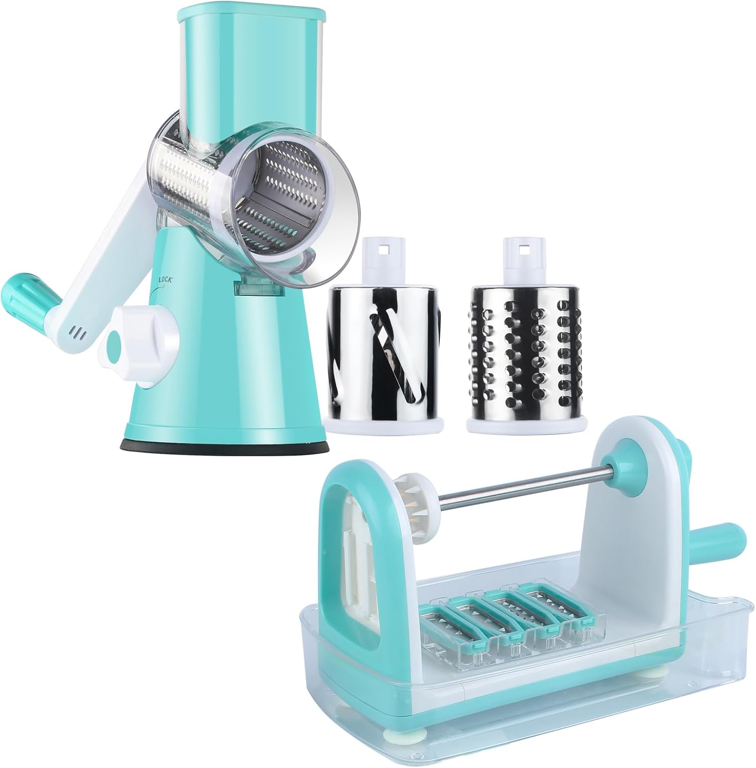 Ourokhome B0DDPTFYS9 2 Piece Rotary Cheese Grater and Zucchini Noodle Maker Set Hand Crank Mandoline Slicer with 5 Blades for Shredding Slicing Spiralizing