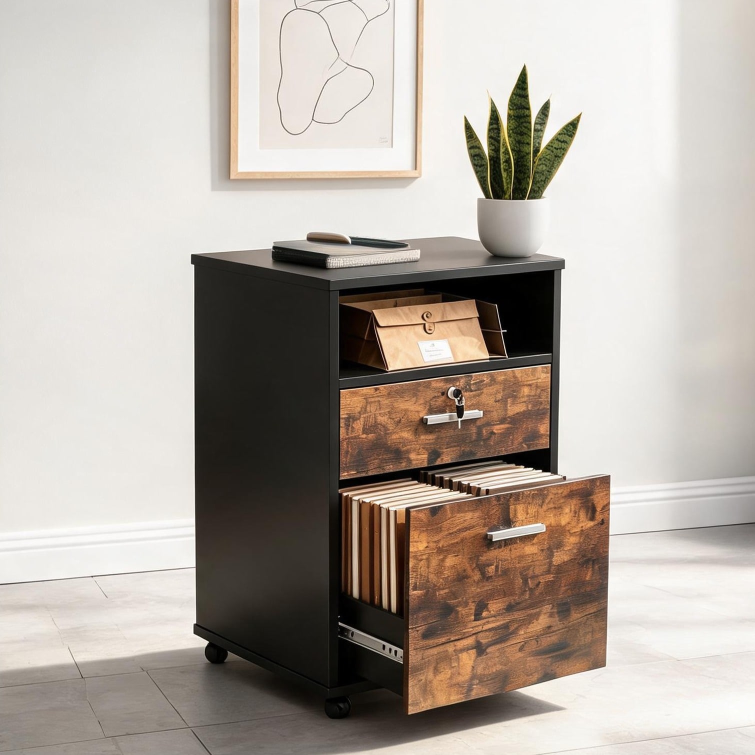 Naturefalls Vertical metal file cabinet with 2 lockable drawers and casters for mobile office storage