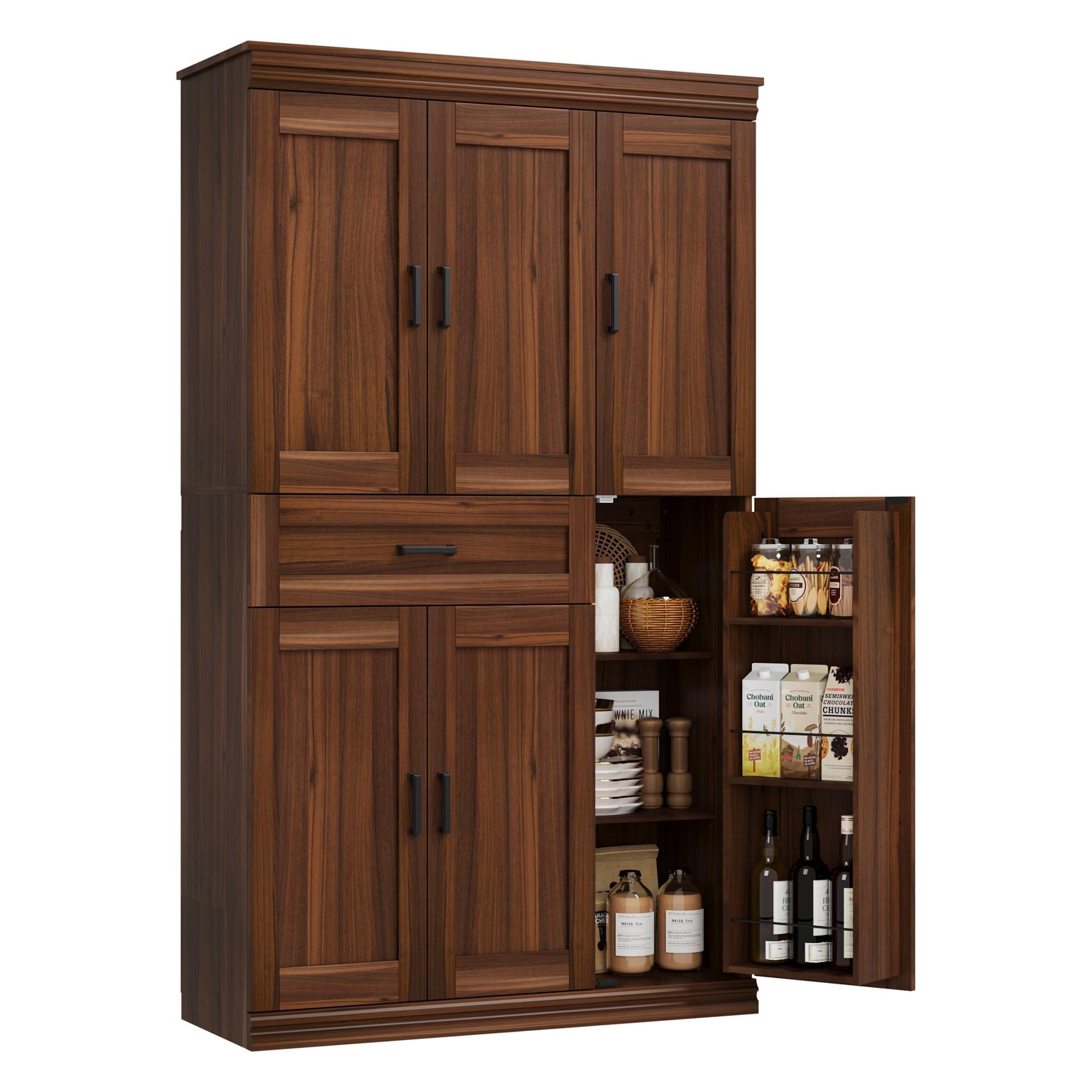 IdealHouse 70-Inch Tall Modern Kitchen Pantry Storage Cabinet - Freestanding Hutch Cabinet with Doors Shelves and Large Storage Drawer - for Dining Room and Household Organization Walnut
