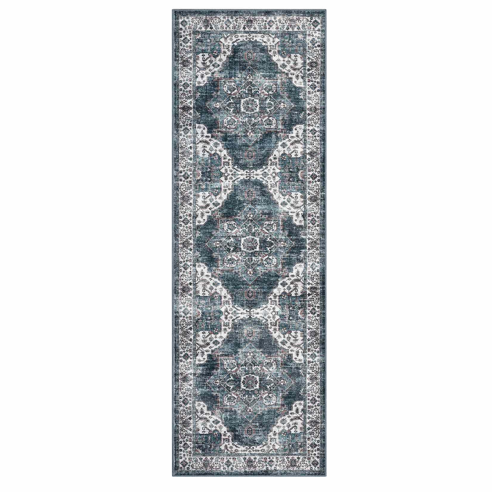 Qeetex LSN-PHK-338YU9KS 2 x 6 ft Polyester Wool Spinning Blue Rectangular Hallway Bathroom Entryway Kitchen Office Foldable Flower Printed Persian Washable Area Rug