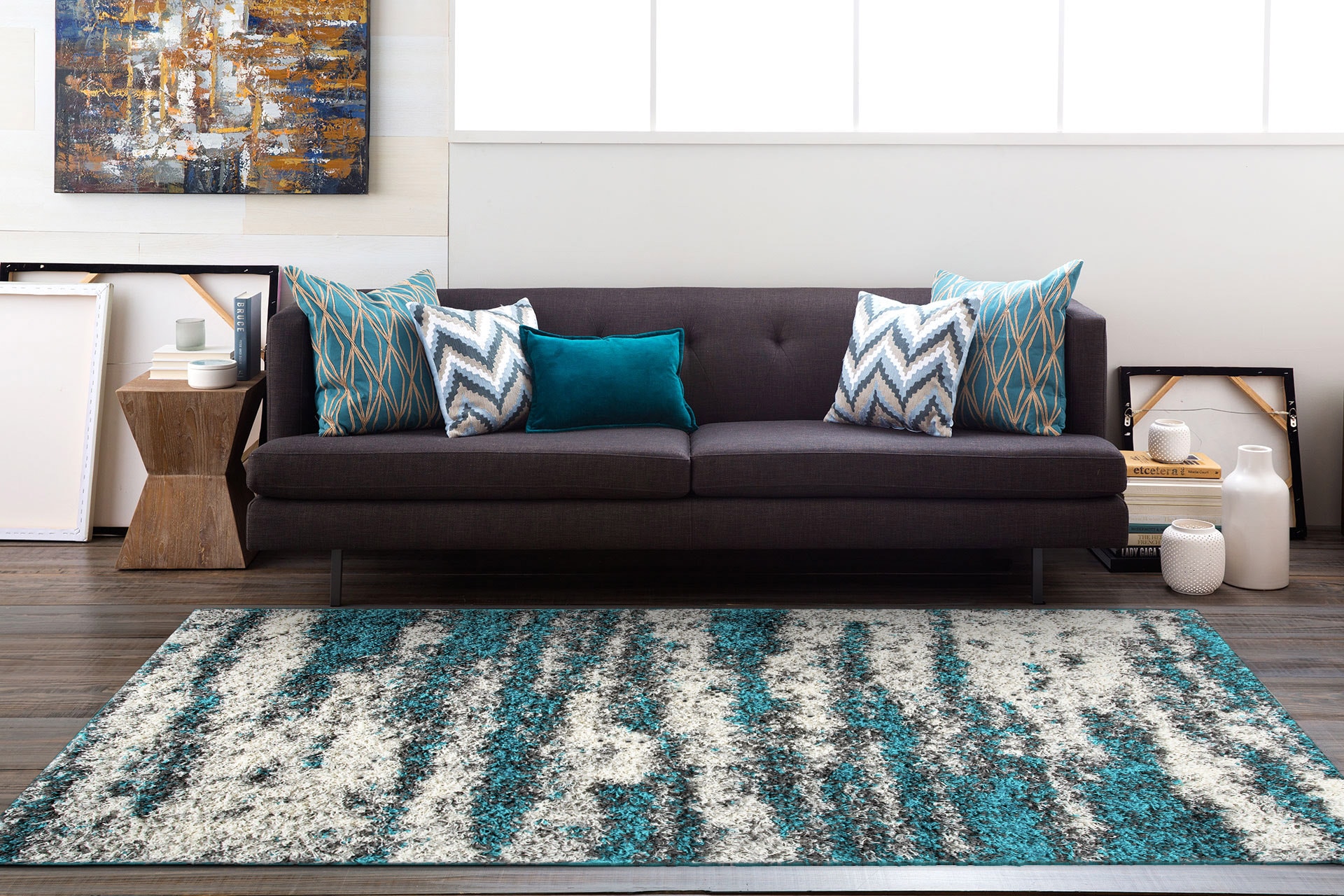 Turquoise Shag Abstract 5' x 7' Easy-Care Synthetic Area Rug