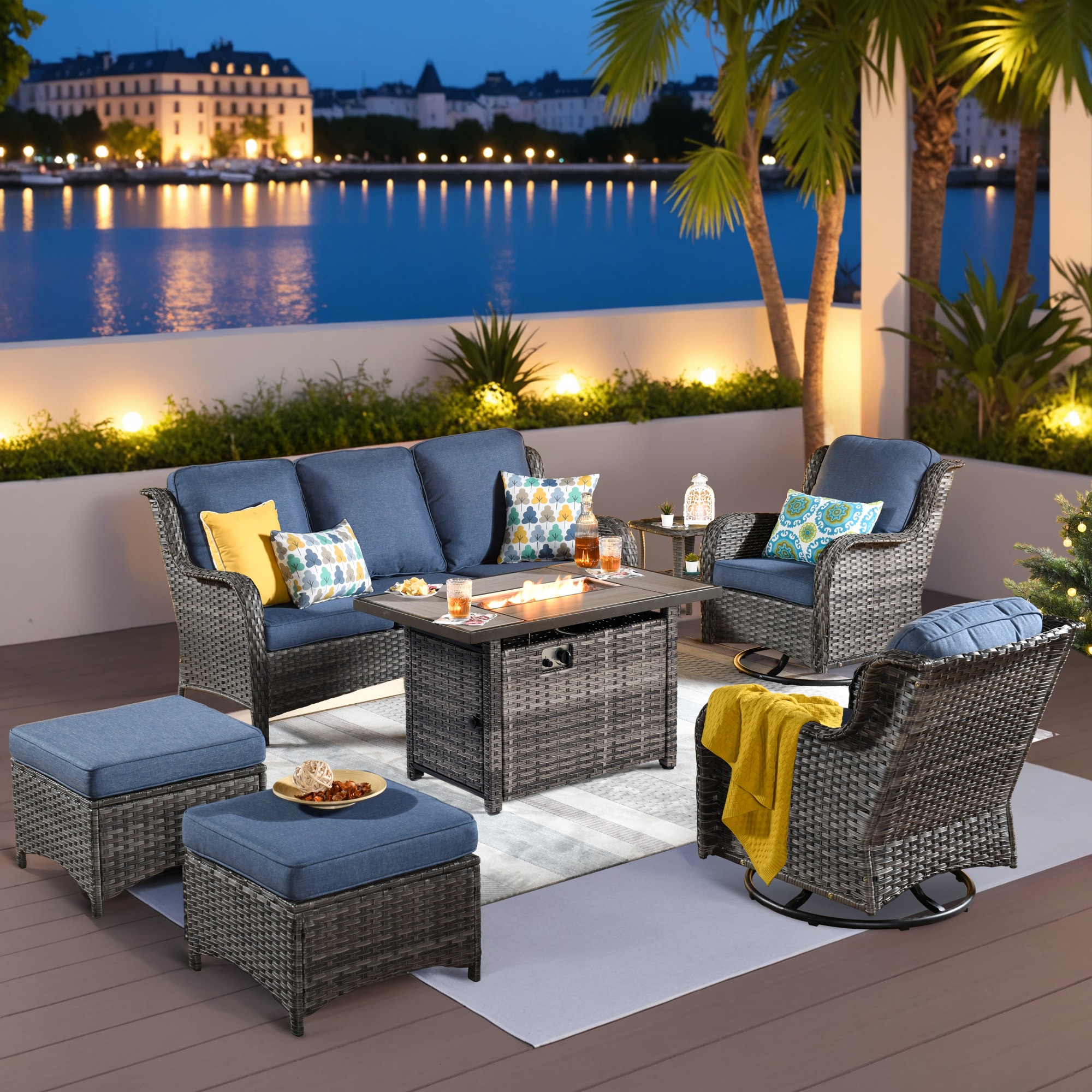 Ovios RFP-GTC306Y 7 -Piece Wicker Patio Sofa Conversation Set with Blue Cushions
