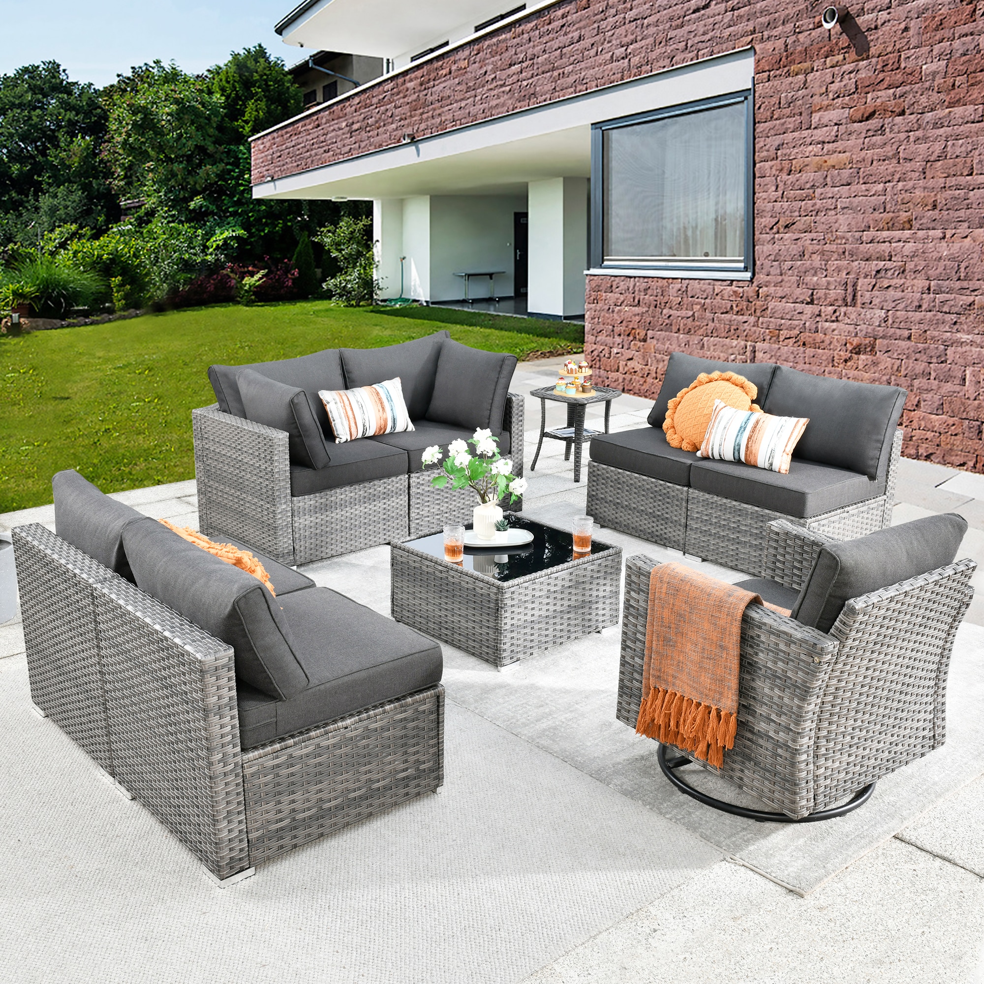 XIZZI XIHOPS104-RC1 Sunrise 9 -Piece Rattan Patio Conversation Set with Black Cushions