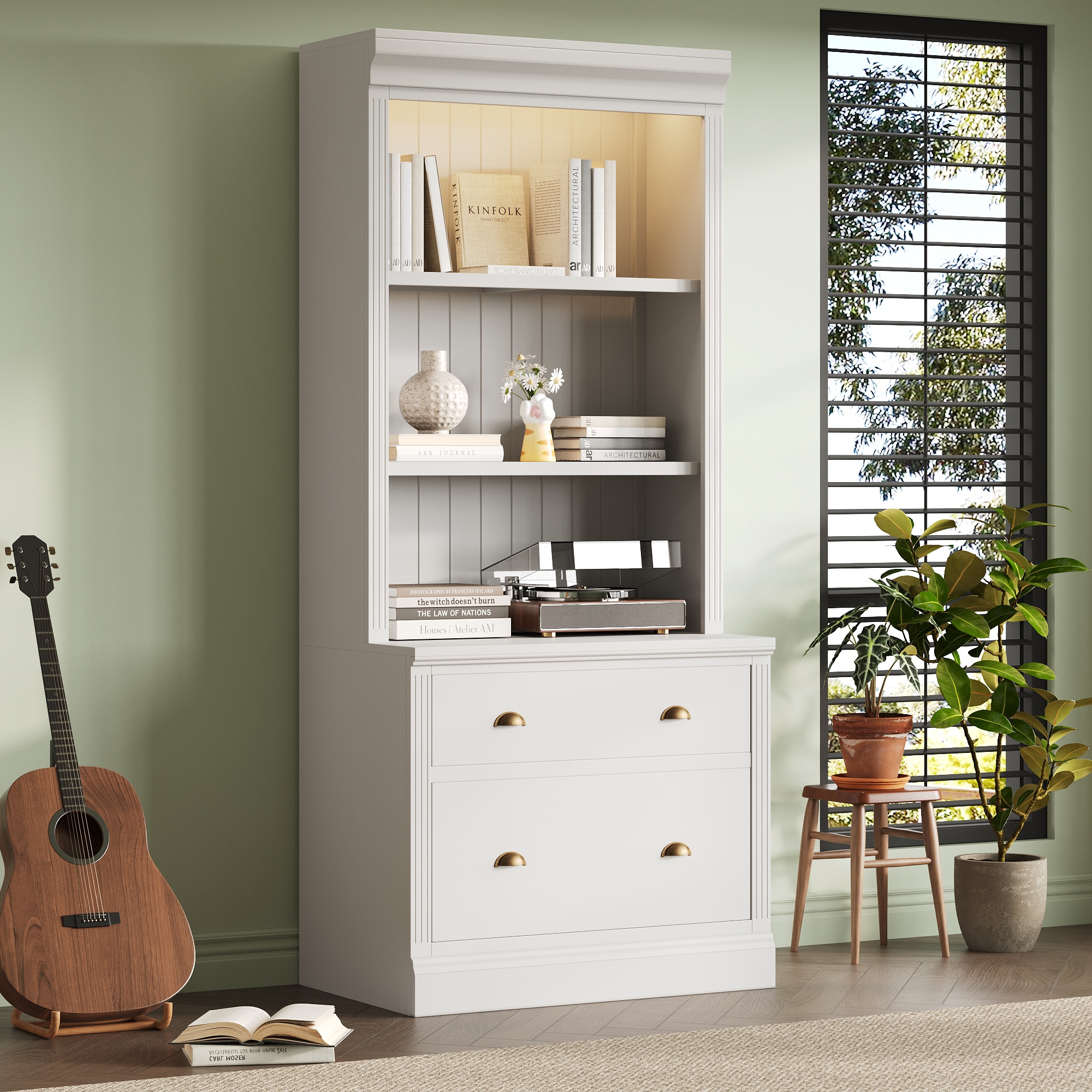 LOVMOR SF-Y-N751S280594K 83.4 inch Tall Bookshelf with LED Lighting Modern Bookcase with 2 Drawer and 3 Open ShelvesStorage Bookshelf for Living RoomHome Office