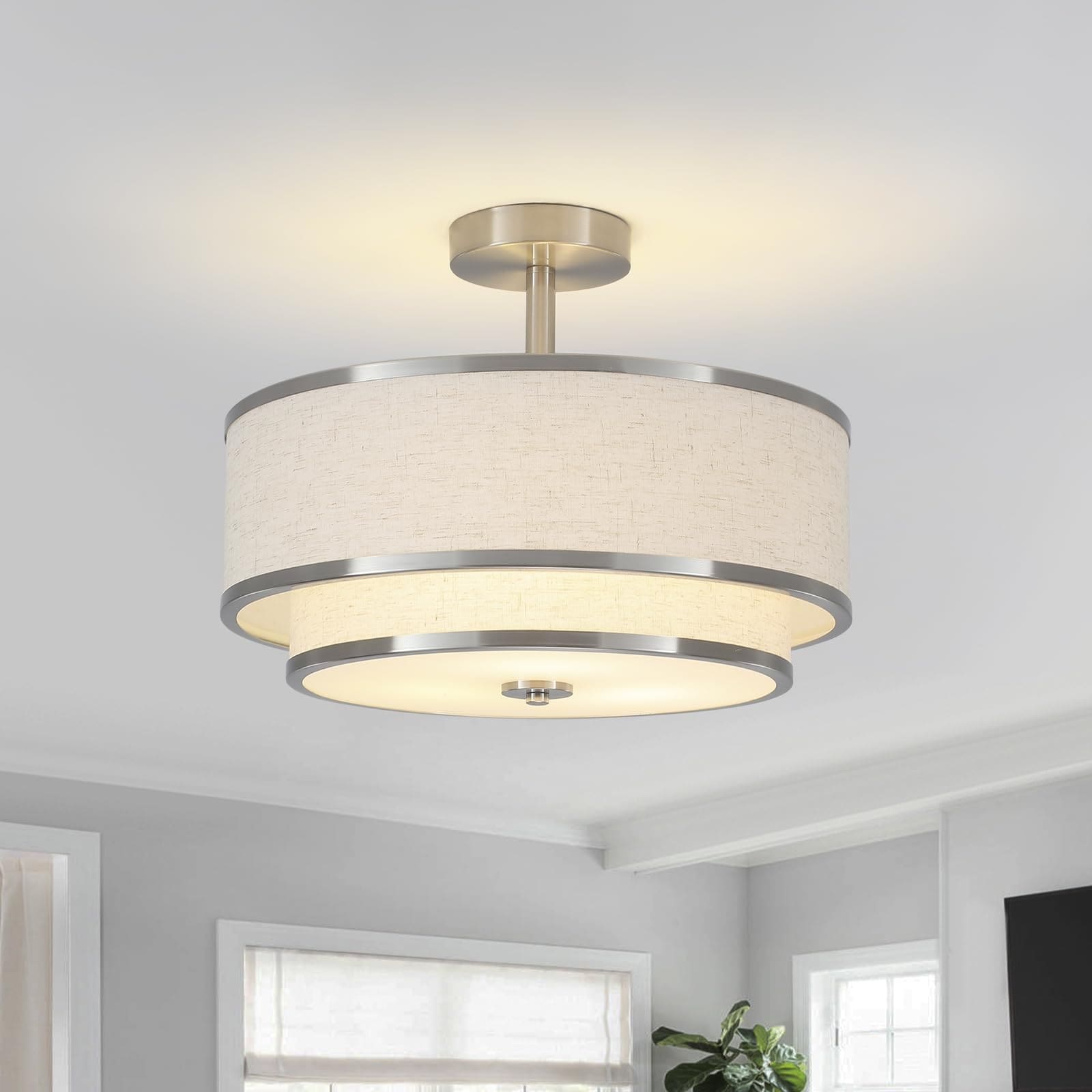 Lukvuzo  3-Light Semi Flush Mount Ceiling Light Fixture 15.74 in x 11.8 in Double Drum Fabric Shade Brushed Nickel Modern Lighting