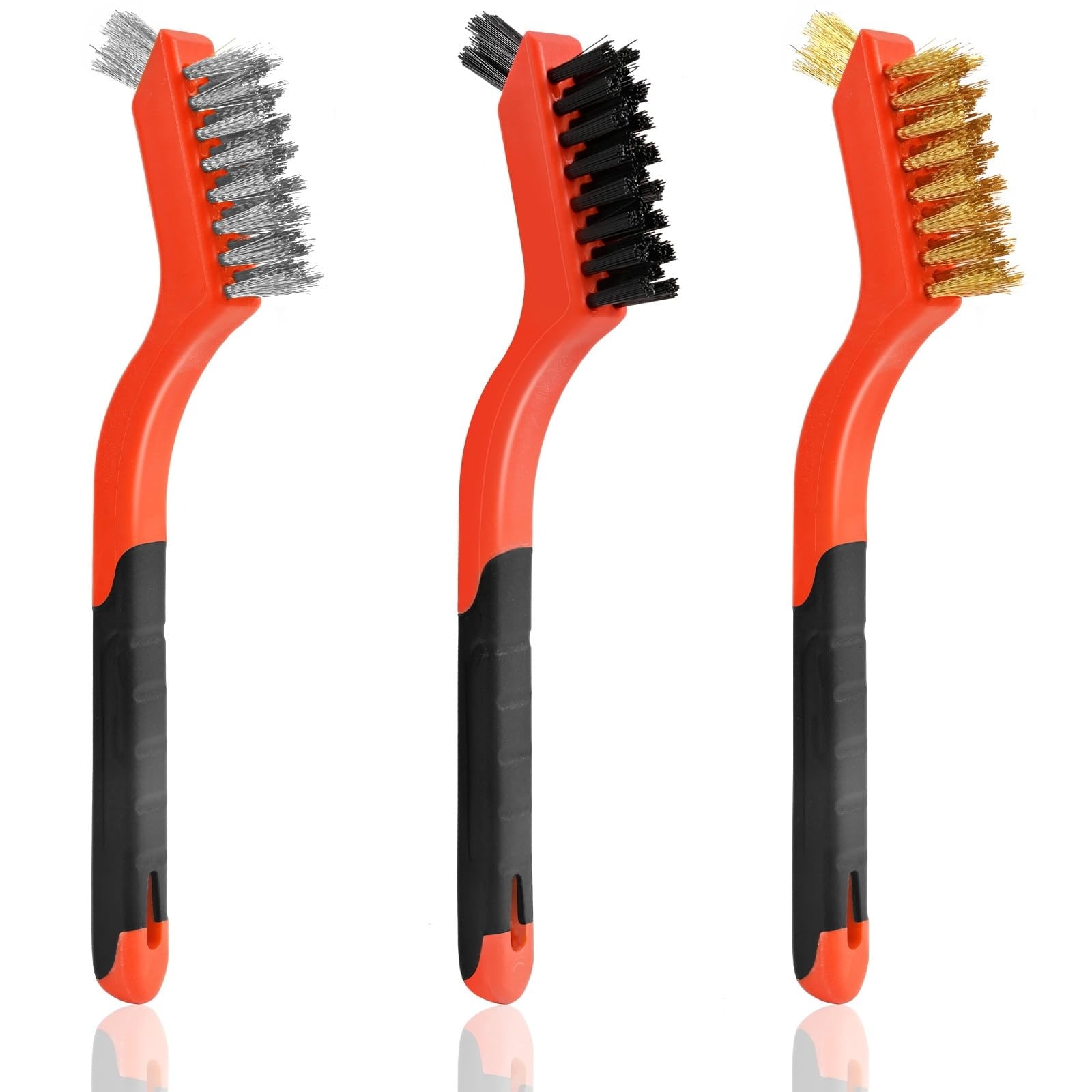 Anqtovp  3 pcs Wire Brush Set with Brass Stainless Steel and Nylon Bristles Curved Handle for Cleaning Rust Paint Stain Metal Surfaces