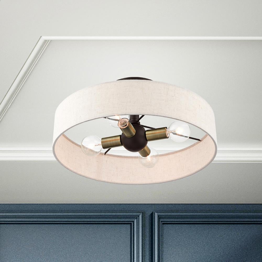Bronze Antique Brass 4-Light Drum Semi-Flush Mount with Oatmeal Shade