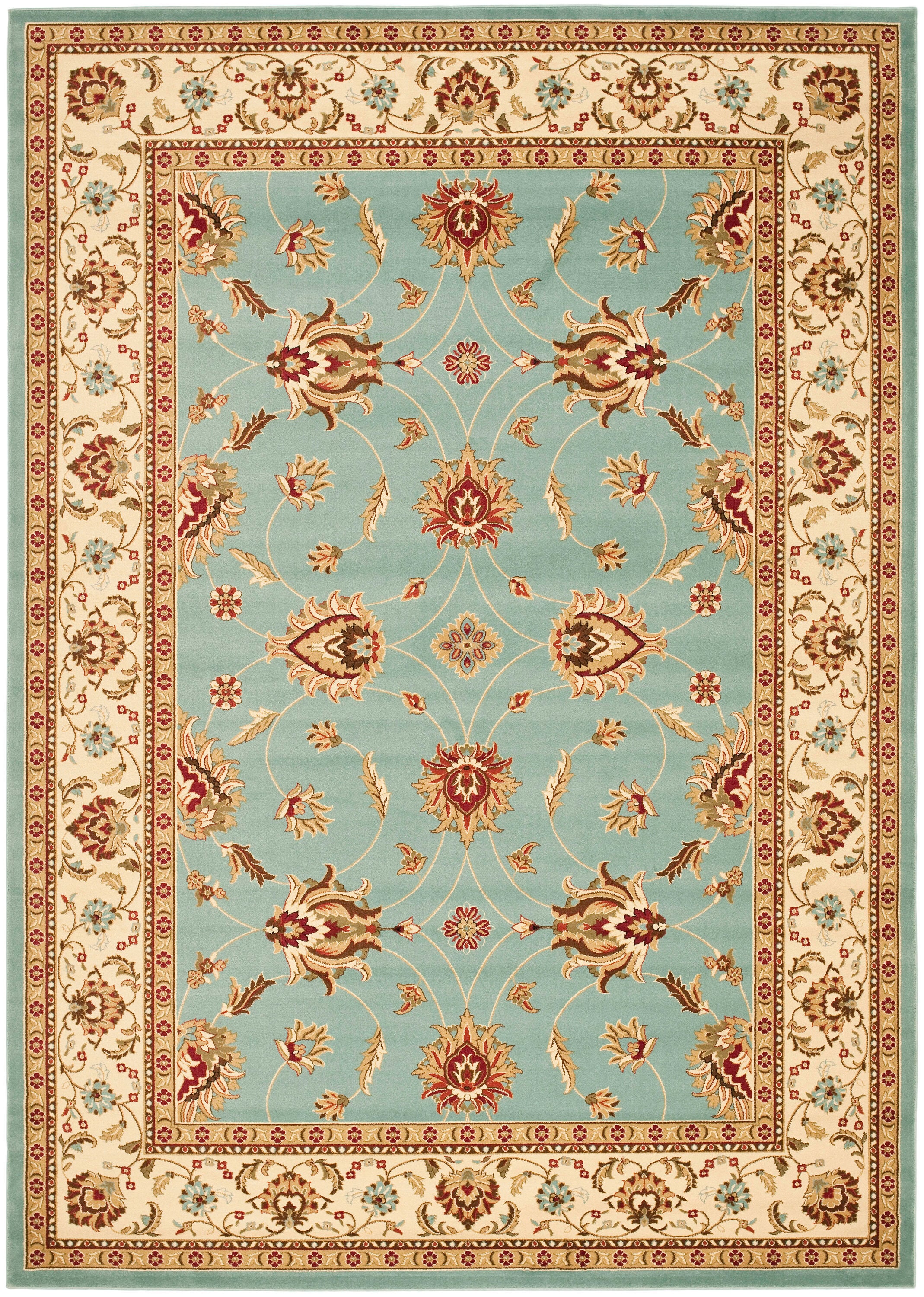 Blue and Ivory Floral Border Medium Pile Area Rug