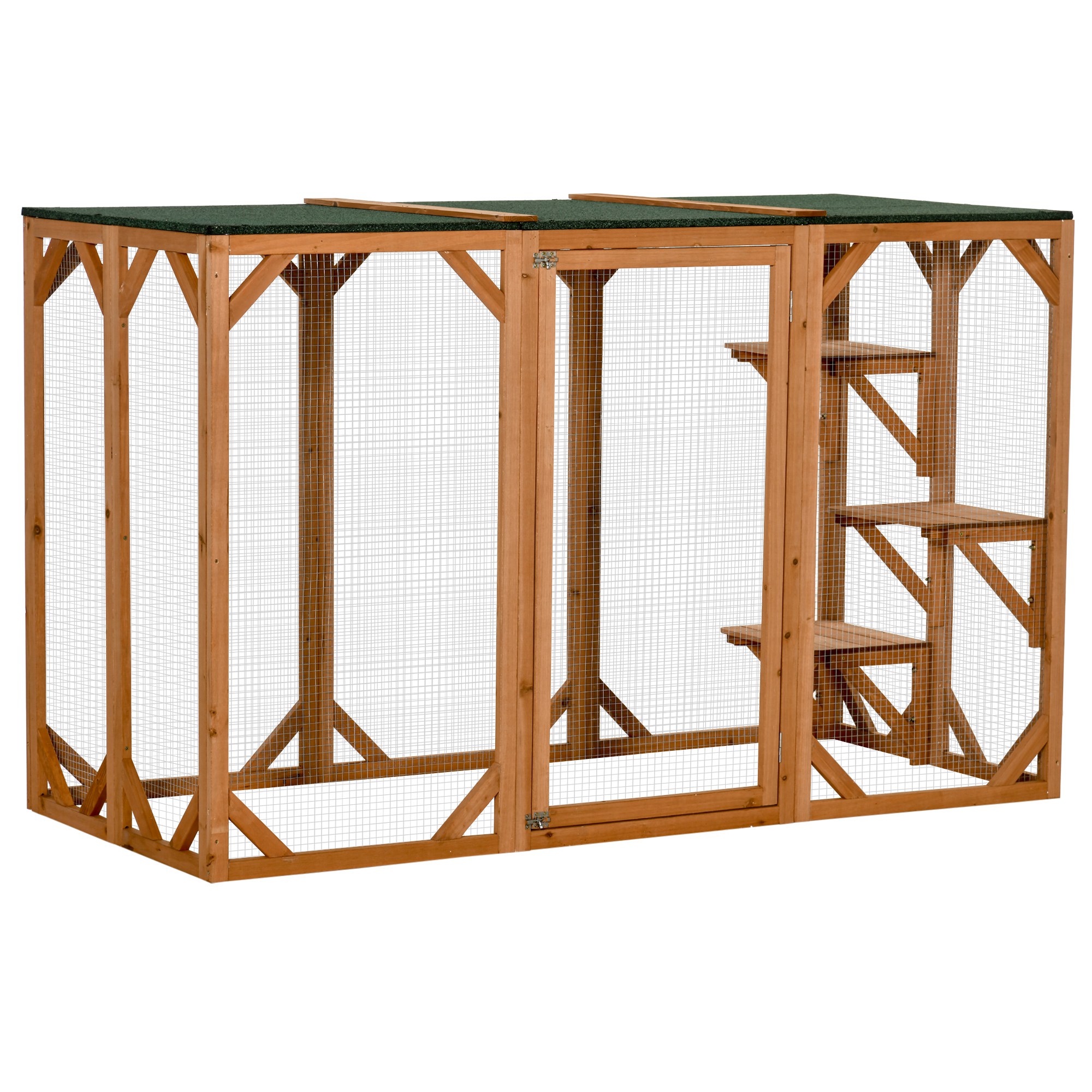 LOVMOR SF-M-W2225P173769 PawHut Outdoor Cat House Catio Wooden Feral Cat Shelter Cat Cage with Platforms Large Enter Door Weather Protection Asphalt Roof 71Inch L Orange