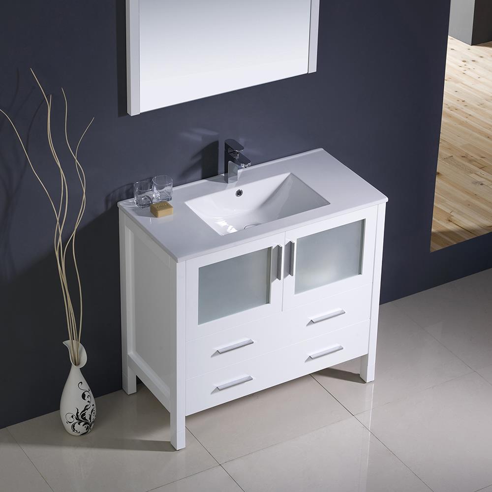 Torino 36'' White Ceramic Top Single Vanity Set with Mirror
