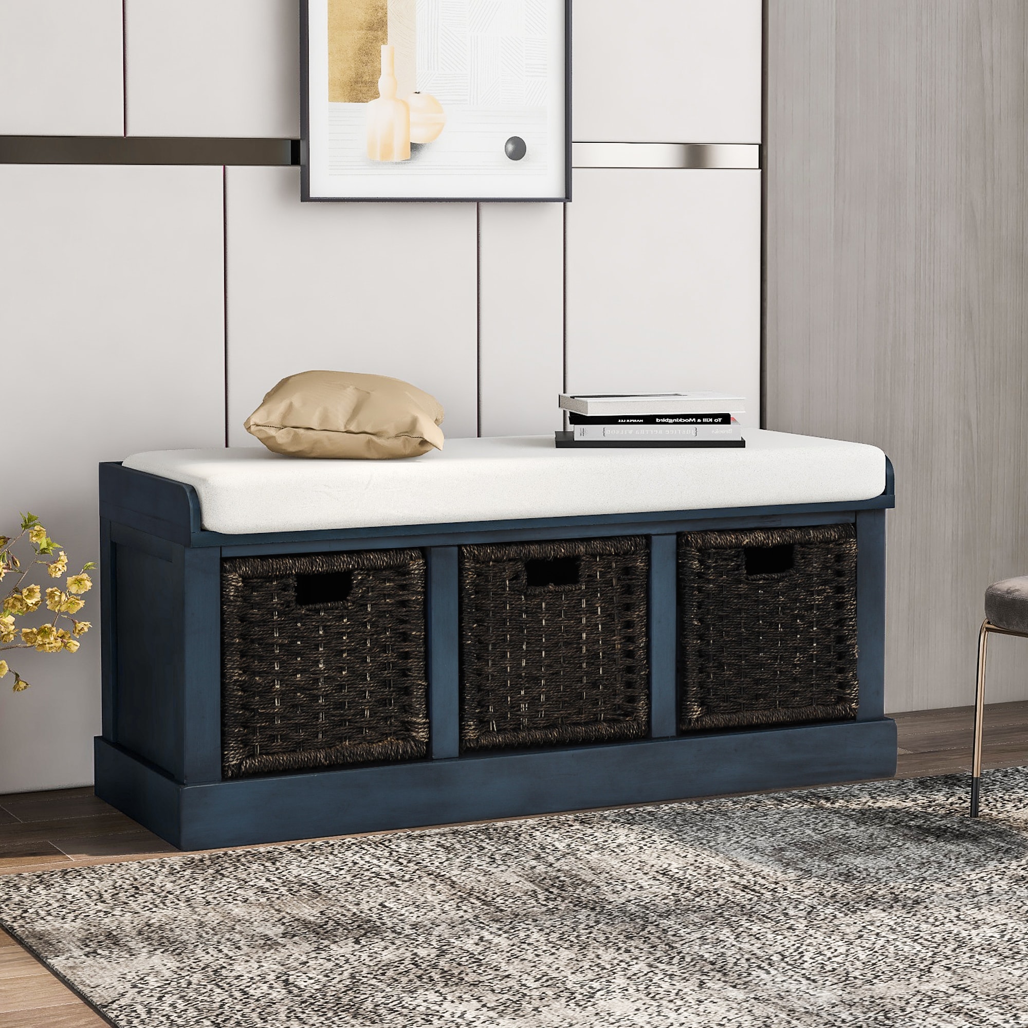Qualler TRAPR0443M Modern Antique Navy Storage Bench with Storage 43.7-in x 15.7-in x 17-in
